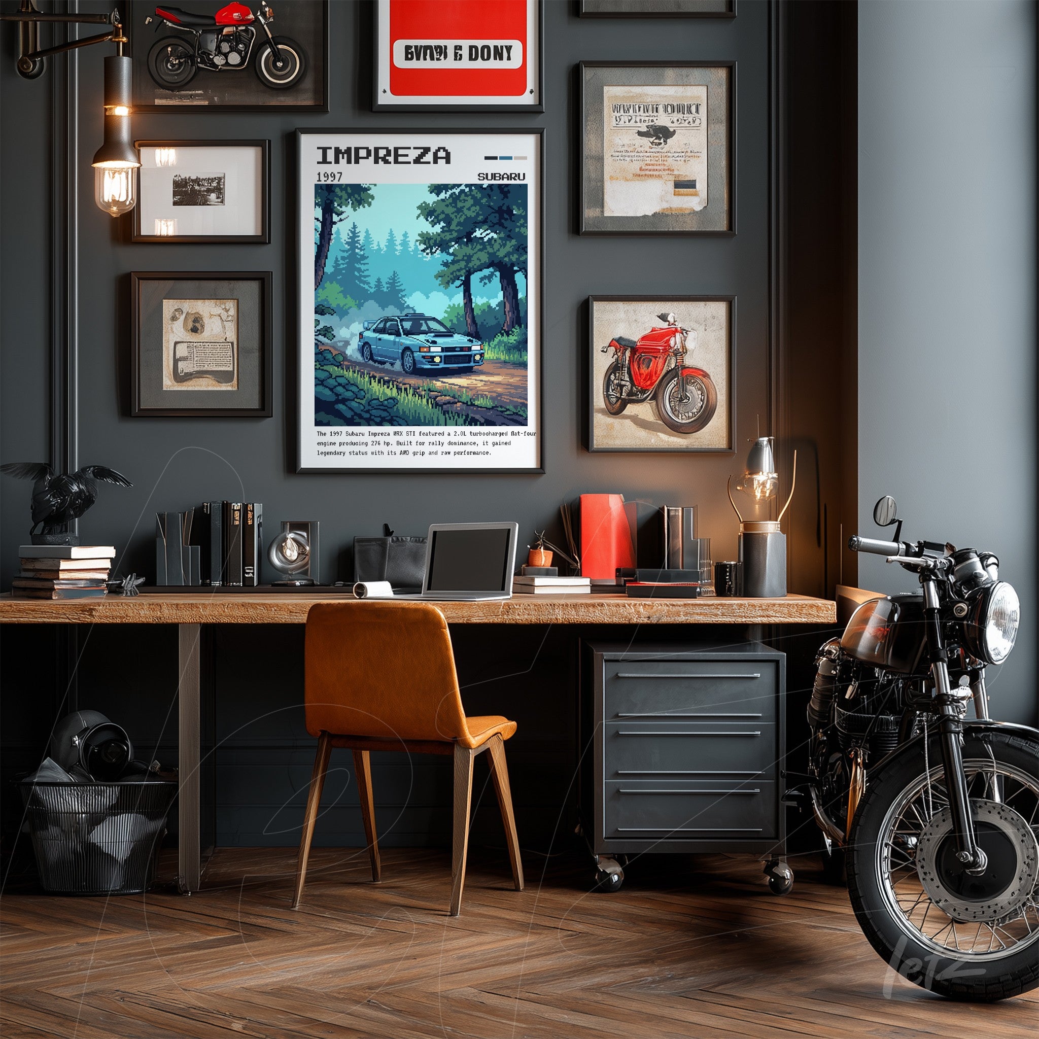 collection of vintage art pieces on a dark wall featuring a prominent illustration of the Subaru Impreza car