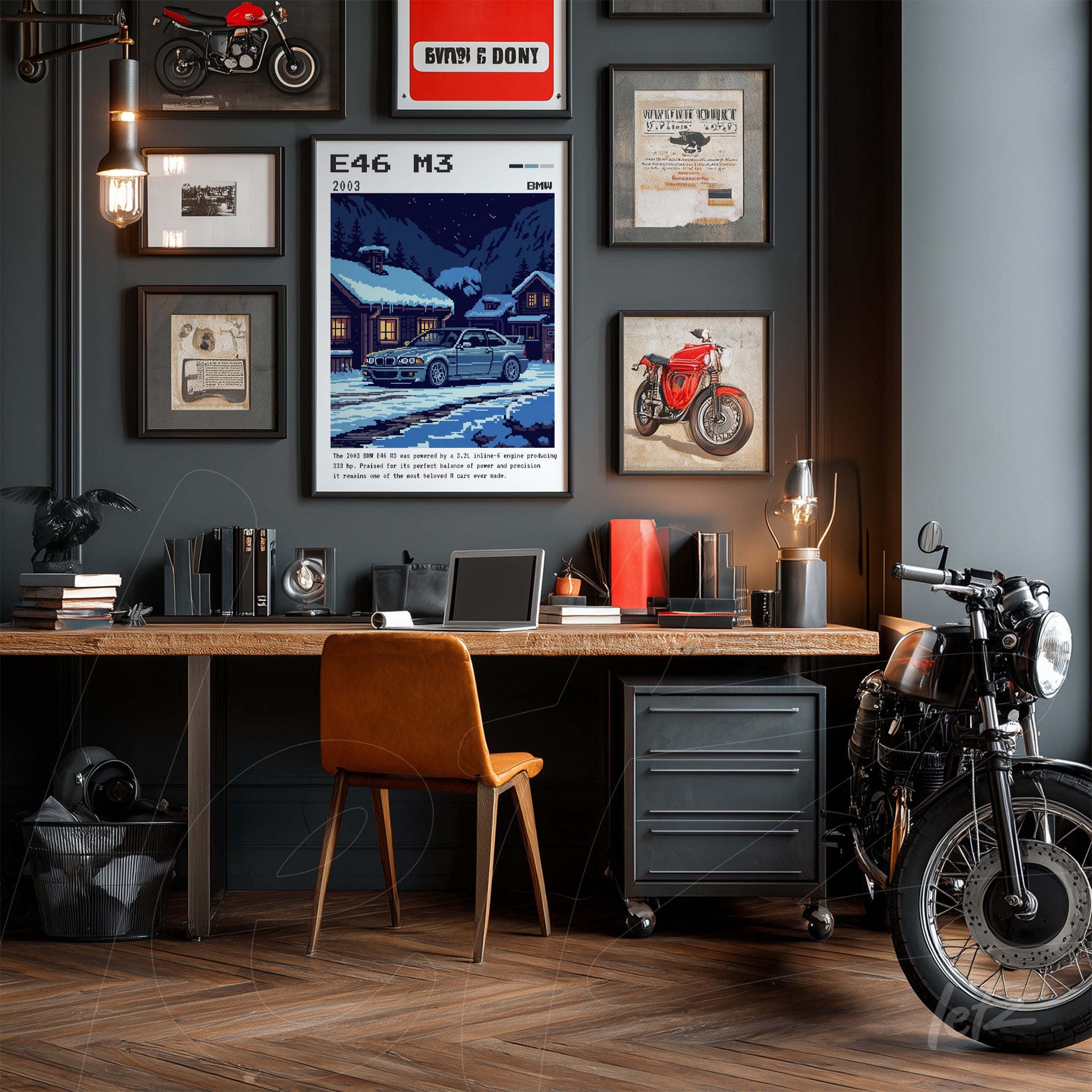 digital wall art featuring a retro style illustration of E46 M3 car displayed against a dark wall with multiple surrounding frames