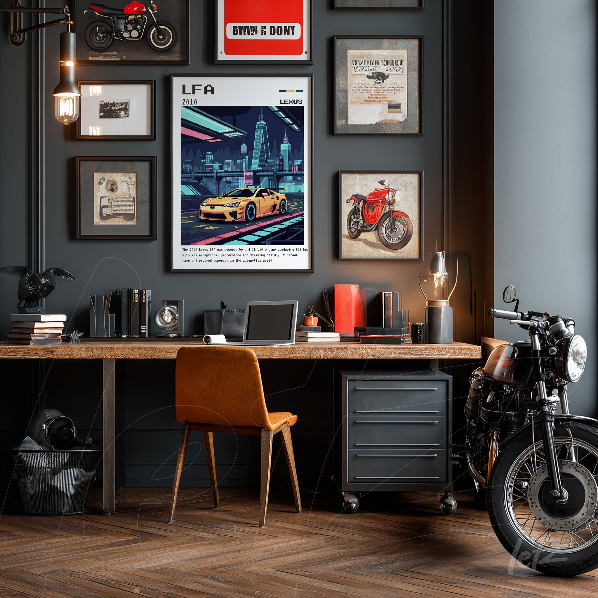 framed wall art collection featuring lexus lfa artwork and vintage motorcycle photos on gray wall