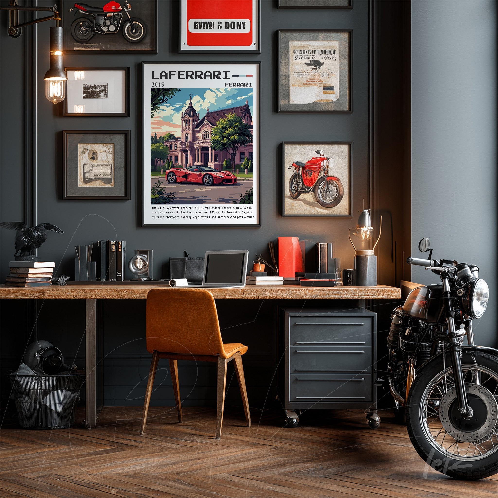 collection of vintage wall art featuring motorcycle theme on gray wall, including a prominent framed print of Ferrari artwork