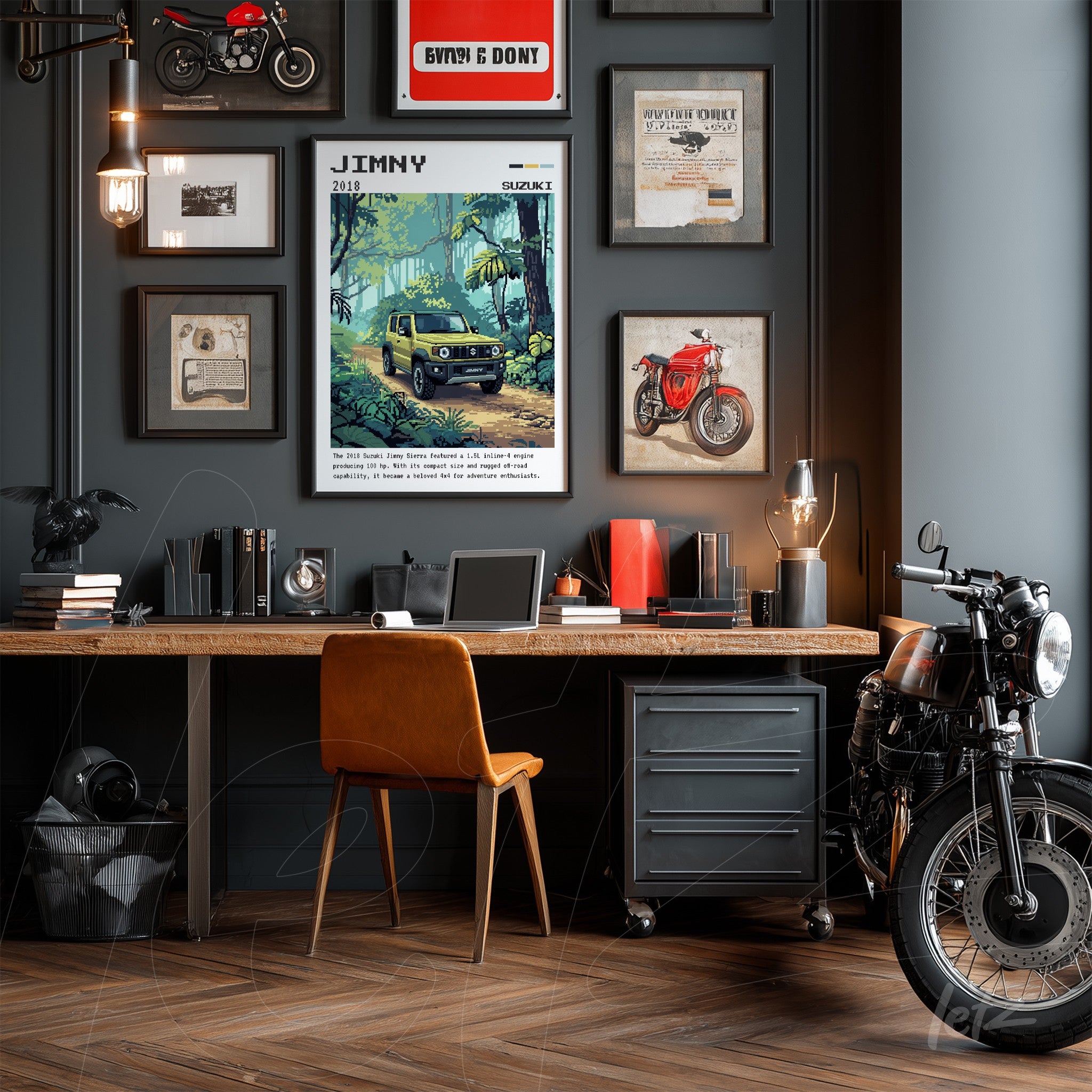 office space featuring a collection of framed wall art on a gray wall, including digital artwork of an off-road vehicle in a black frame