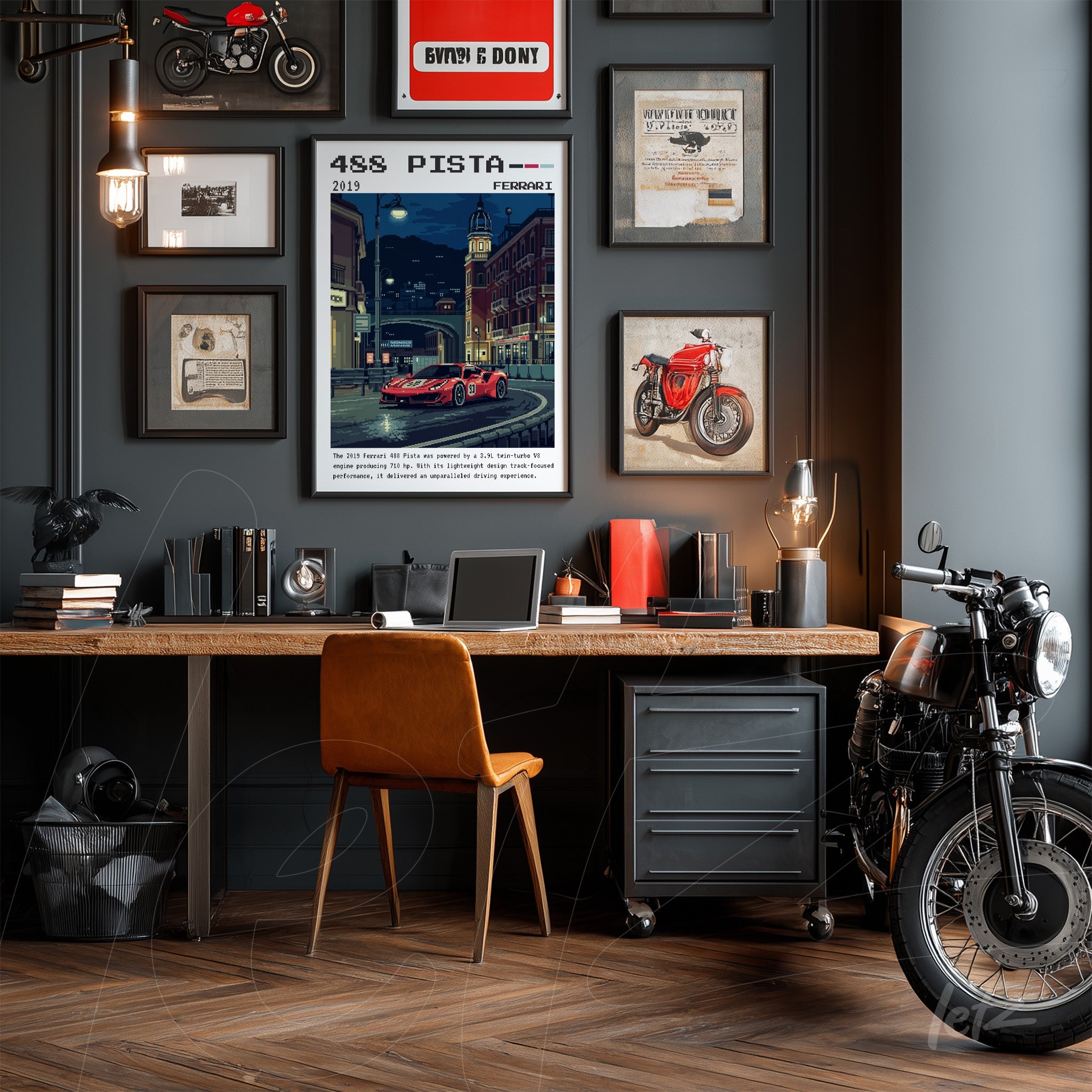 vintage wall art composition on gray wall featuring a red sports car poster with black frame, rustic wooden desk, and black motorcycle nearby
