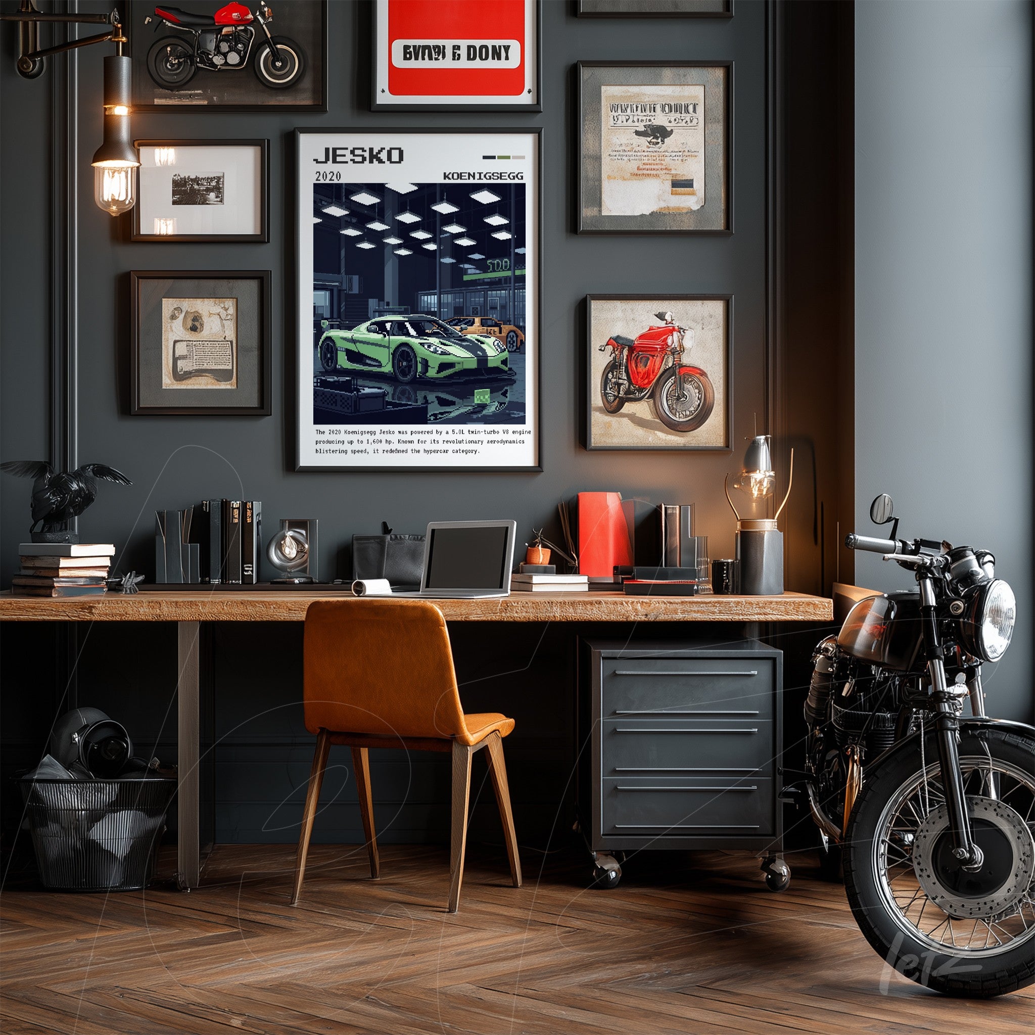 stylish home office featuring framed wall art of cars and motorcycles on dark gray wall