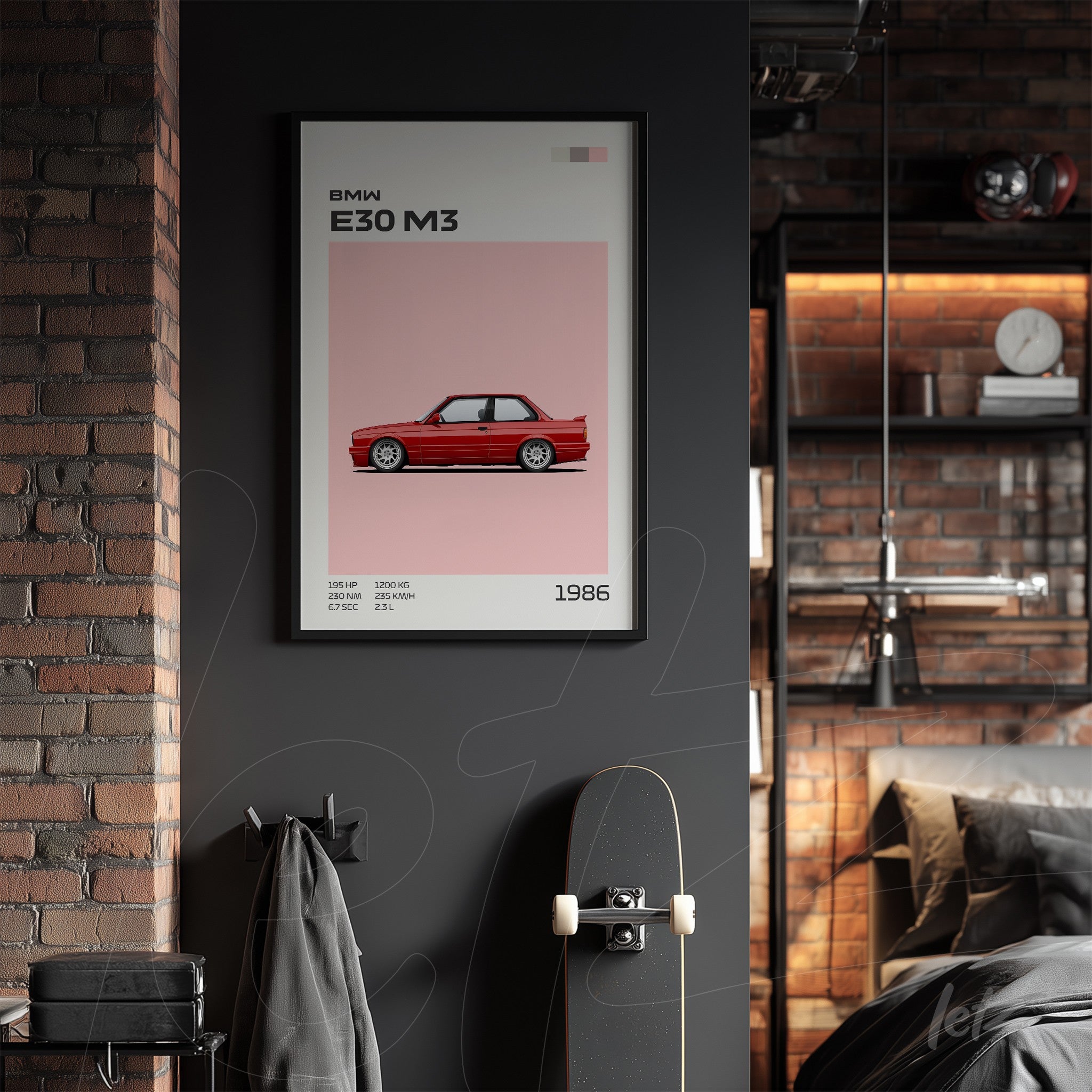 framed art print featuring the bmw e30 m3 in a black frame displayed on a dark wall