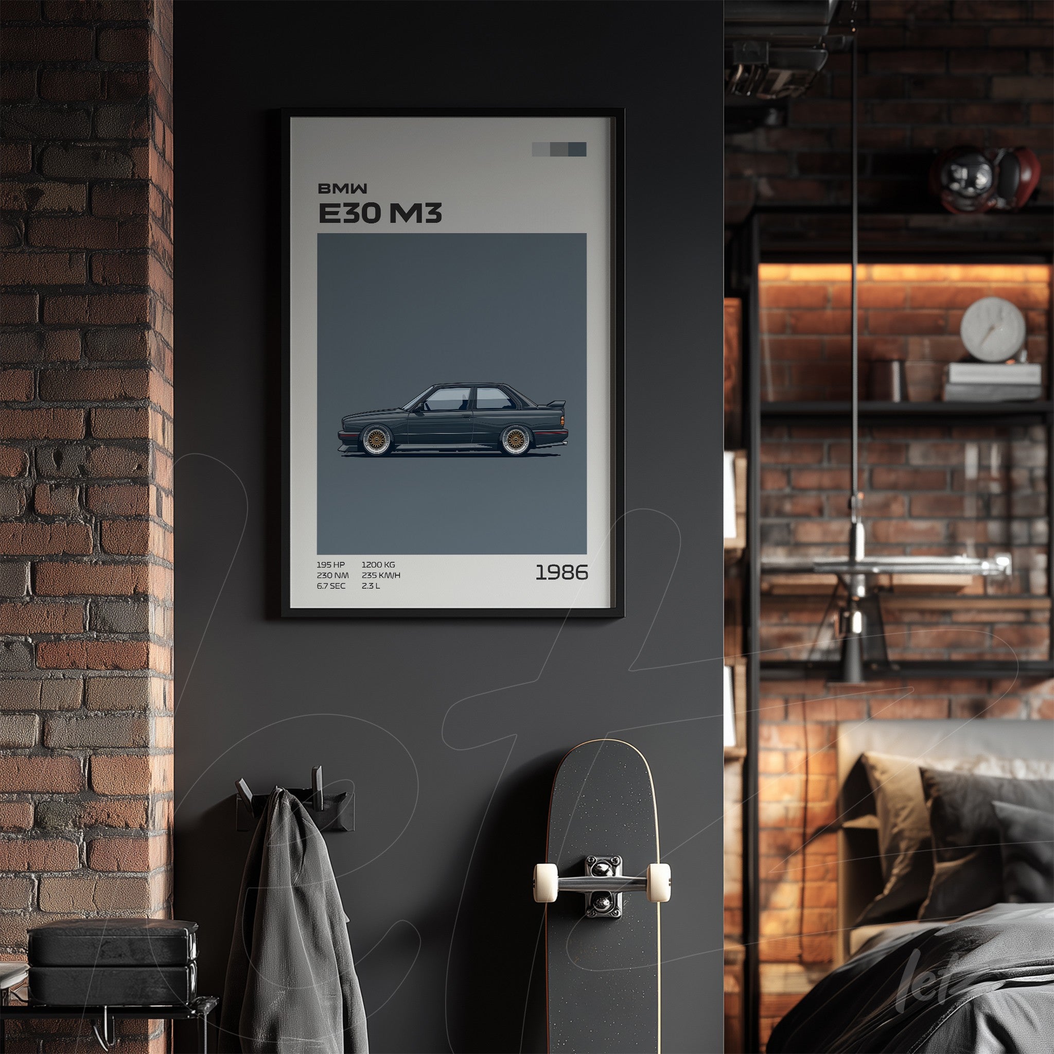 framed wall art featuring an illustration of a BMW E30 M3 on a gray wall