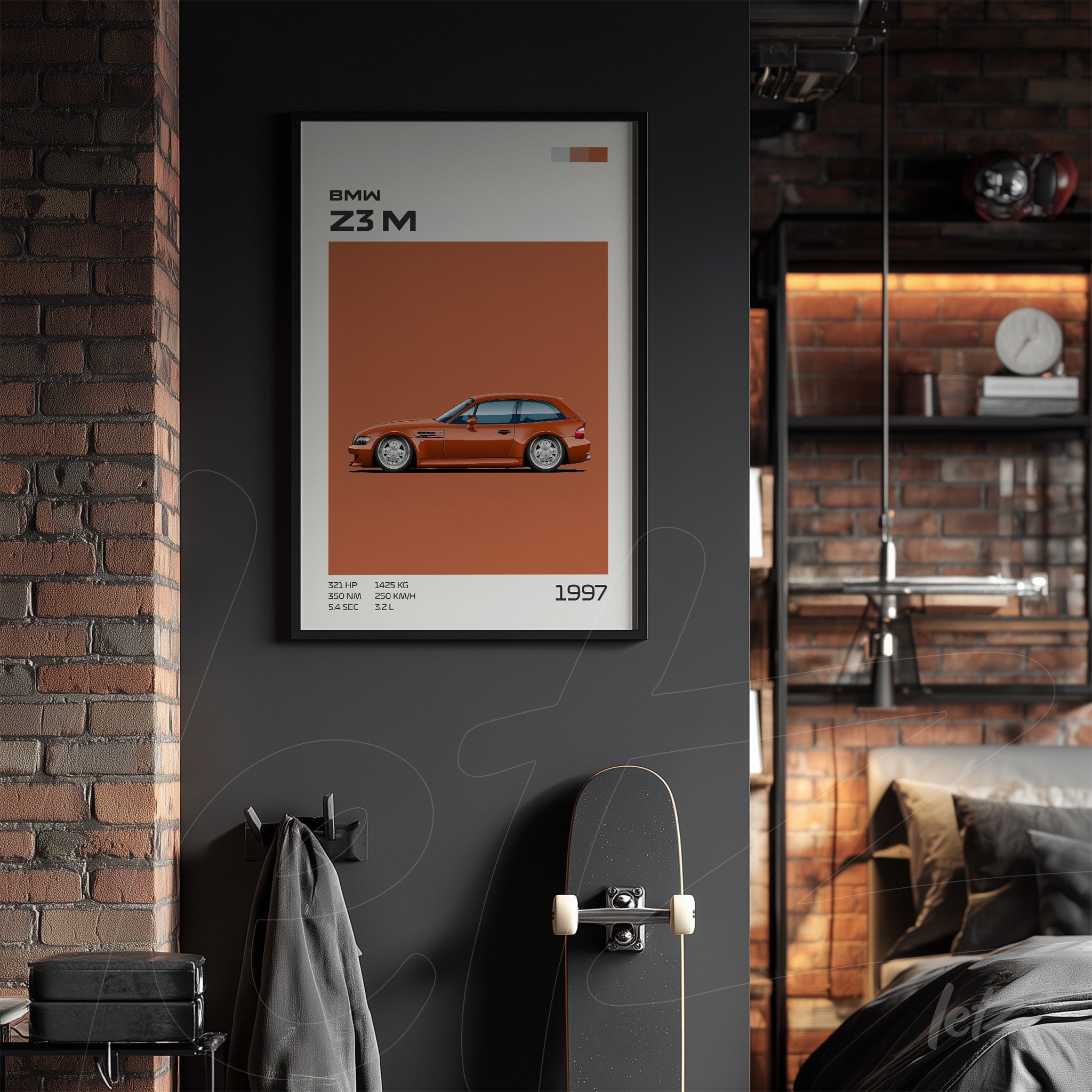 framed graphic art of BMW Z3 M on dark wall with orange background