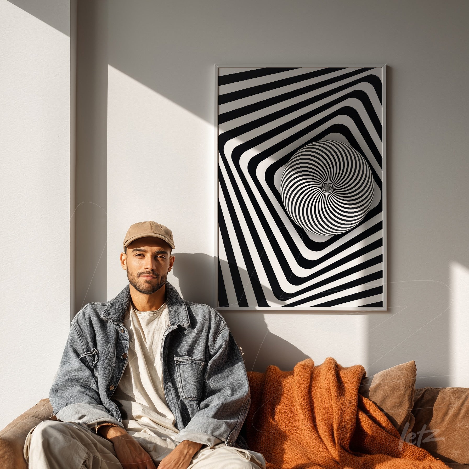 quadro com arte em espiral em preto e branco, moldura prateada, exibido na parede atrás de um homem sentado em sofá com cobertor laranja