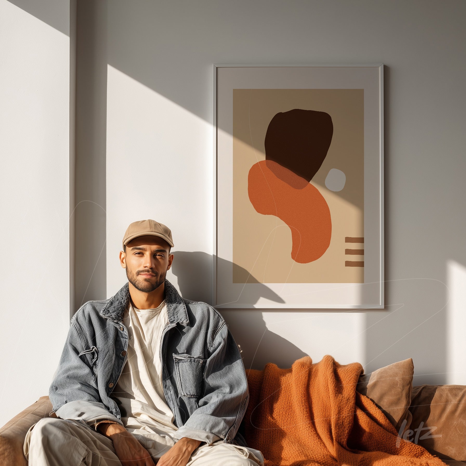 abstract art featuring brown and orange organic shapes in a frame, displayed above a sofa in a sunlit room