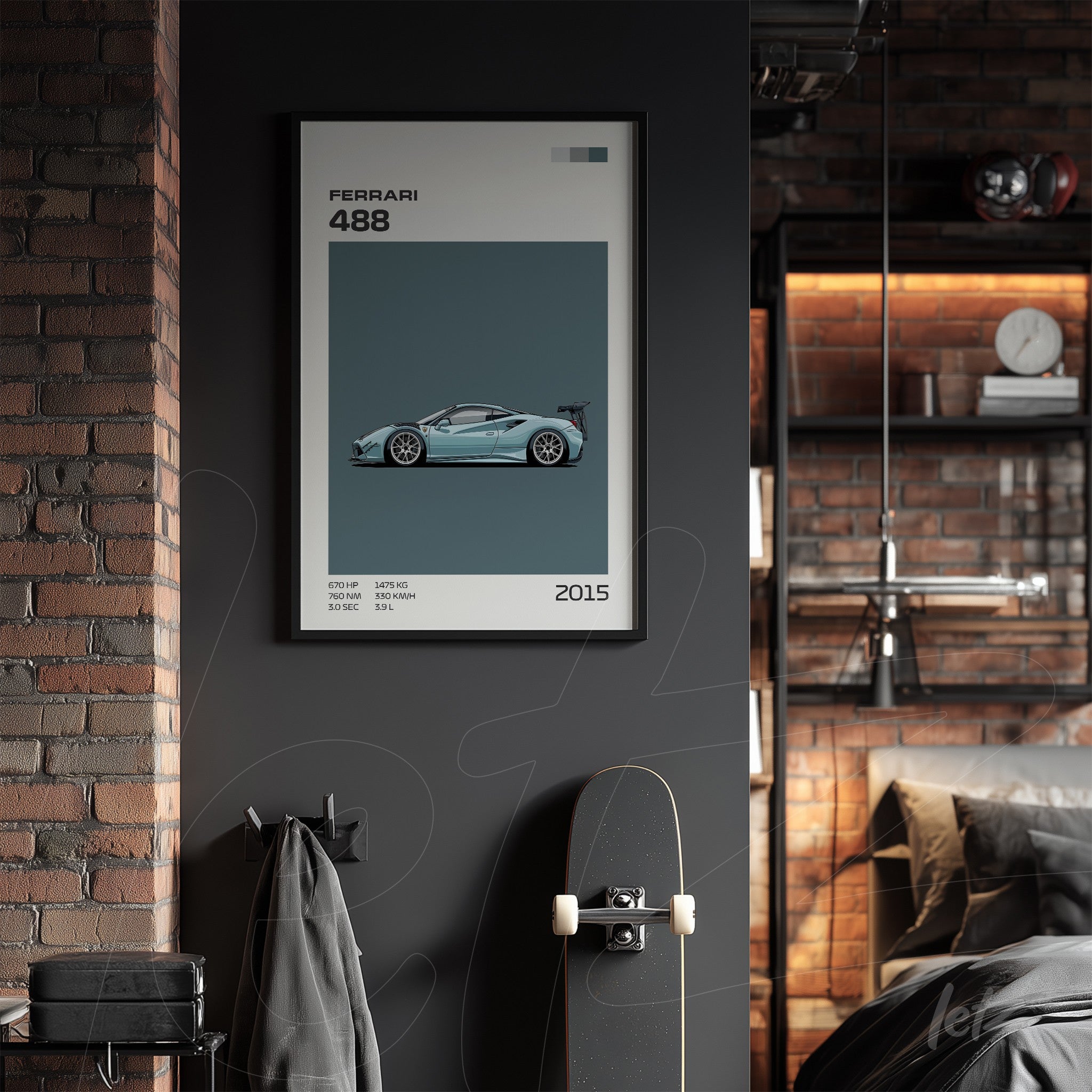 framed digital art featuring the Ferrari 488 displayed on a brick wall