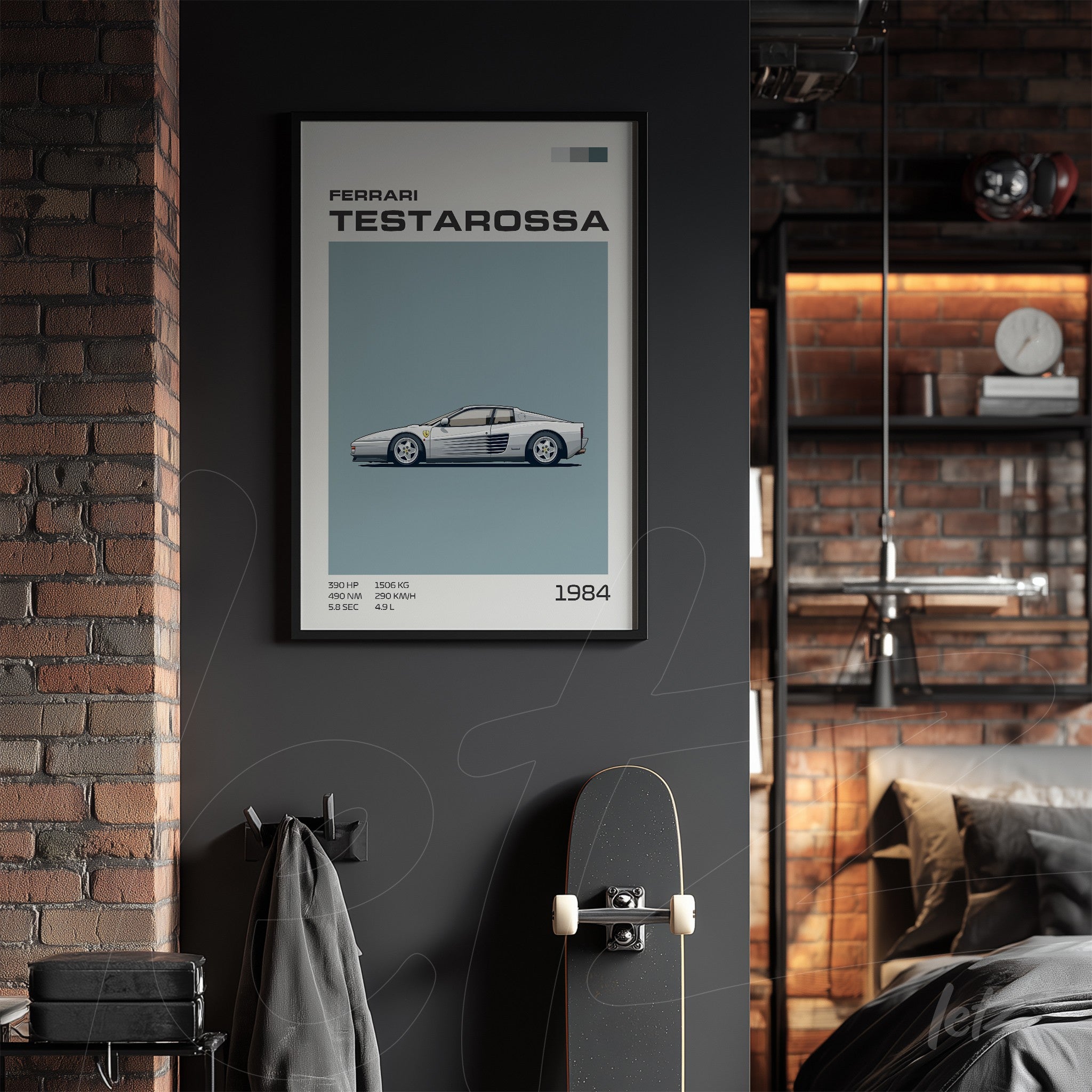 framed minimalist artwork of a Ferrari Testarossa car with a black frame