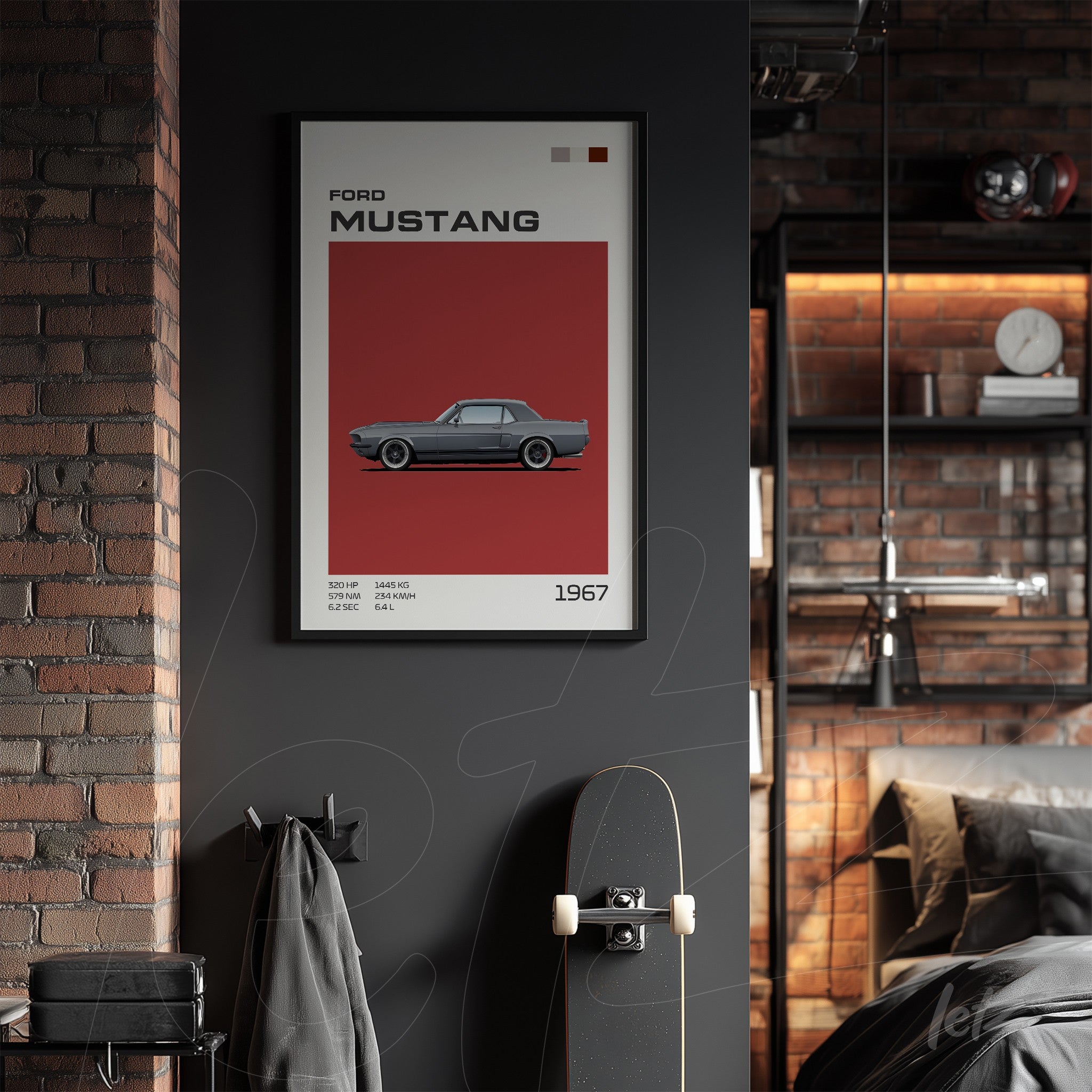 framed wall art featuring a 1967 Ford Mustang on dark wall