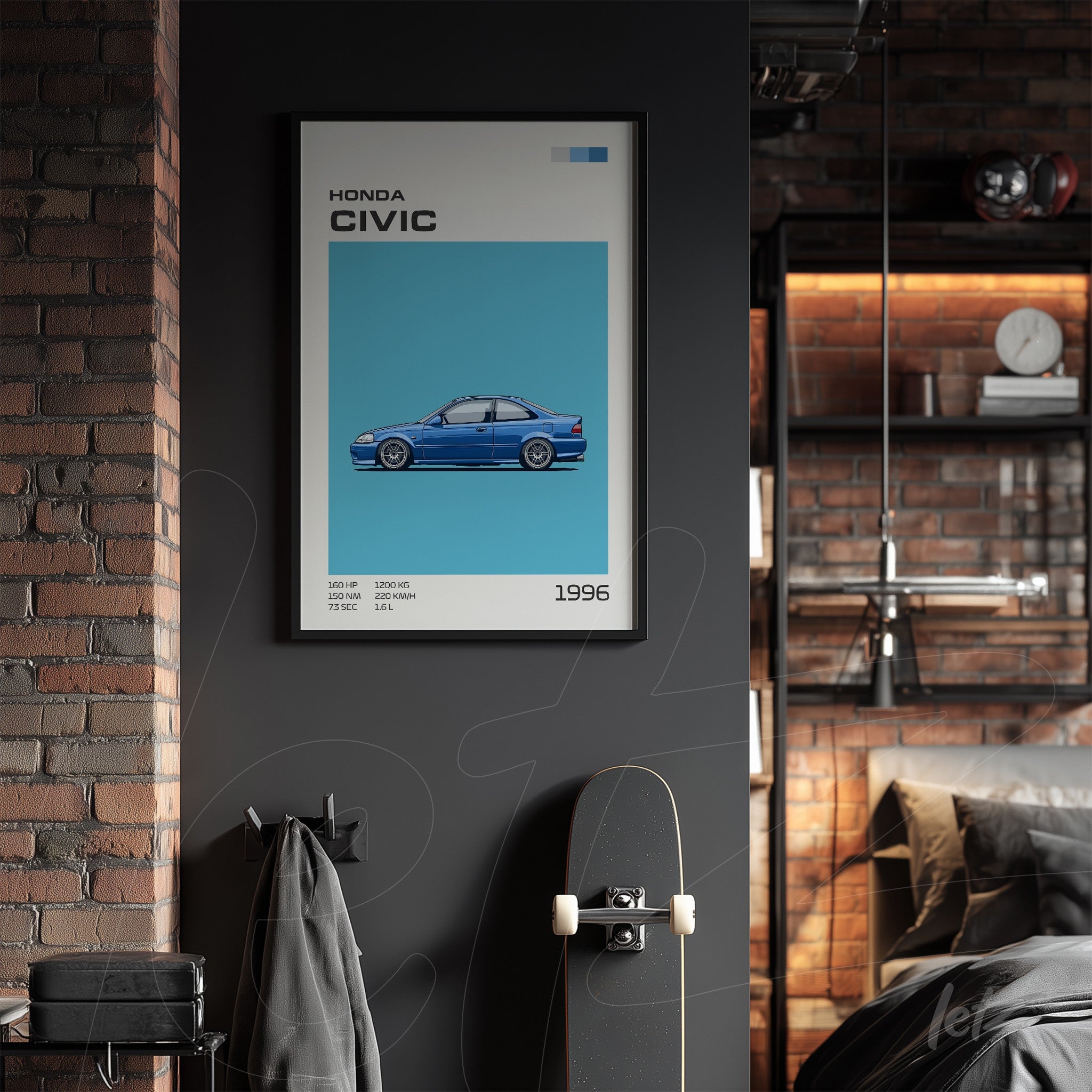 framed wall art featuring an illustration of a blue Honda Civic against a blue background, displayed on an exposed brick wall