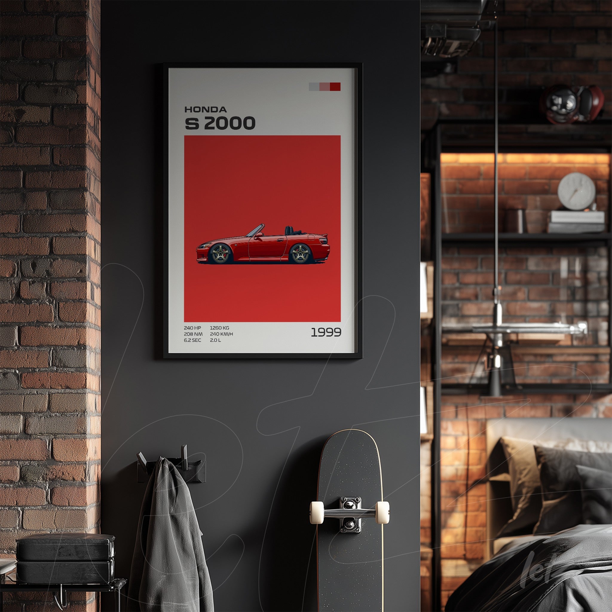 framed art of a red Honda S2000 sports car on a dark wall