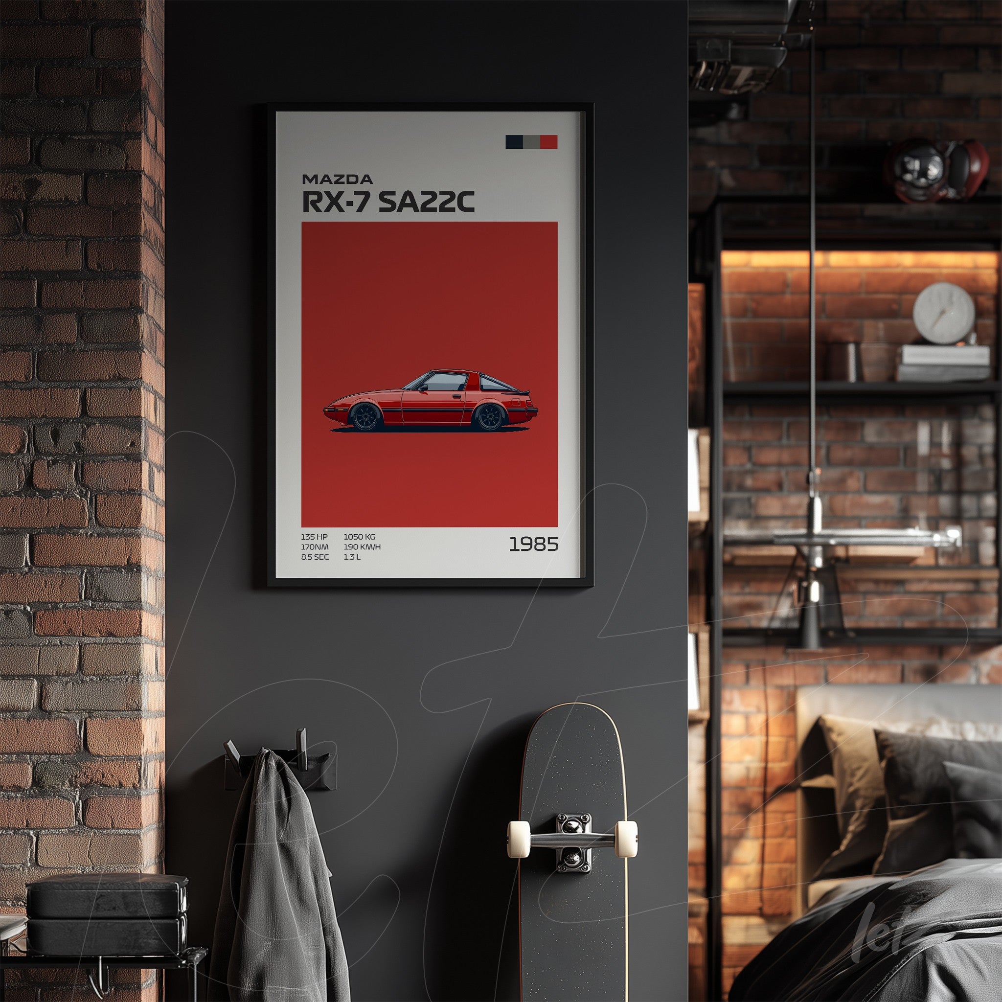 framed minimalist artwork of Mazda RX-7 car in black frame on dark wall