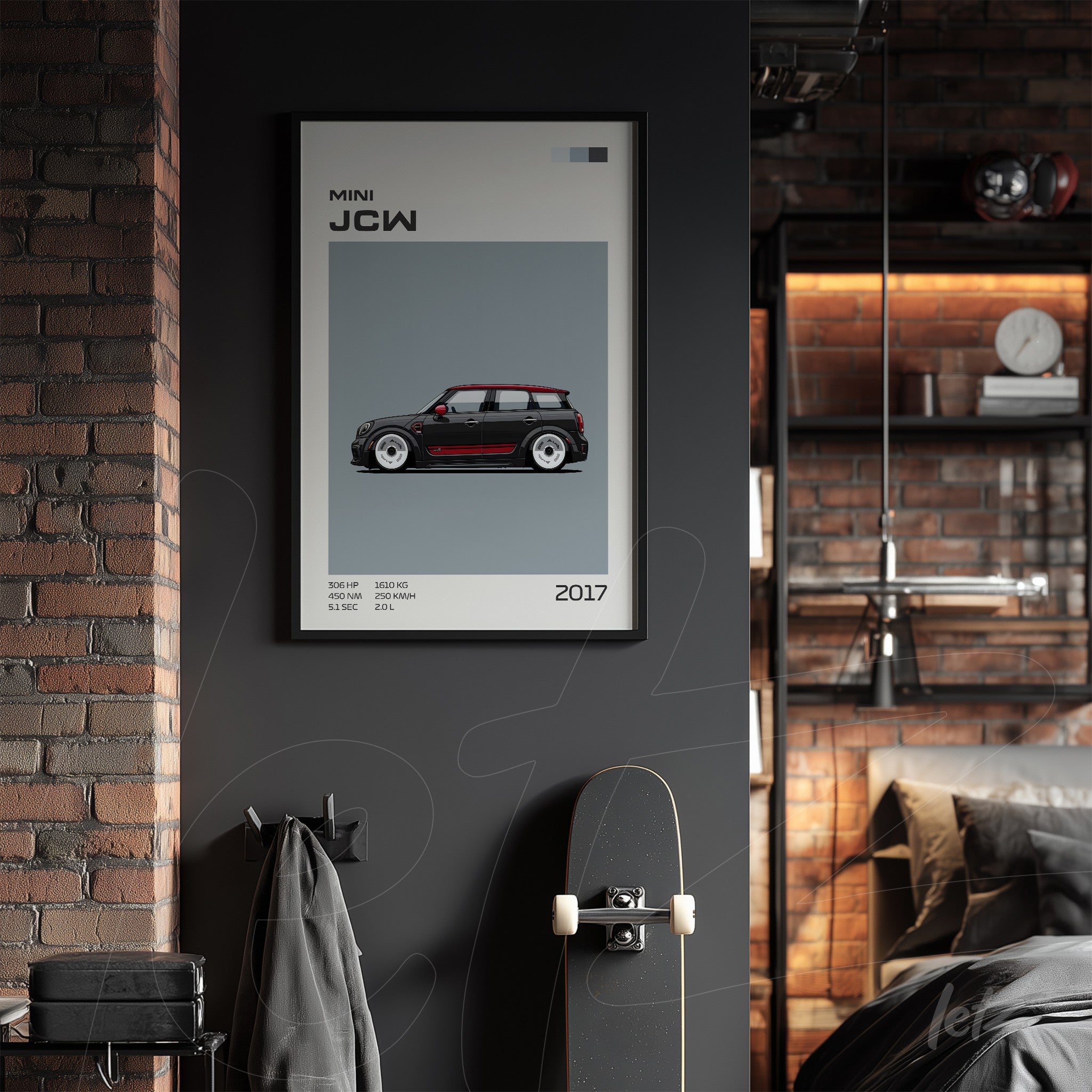 framed wall art featuring an illustration of the 2017 Mini JCW on a dark wall