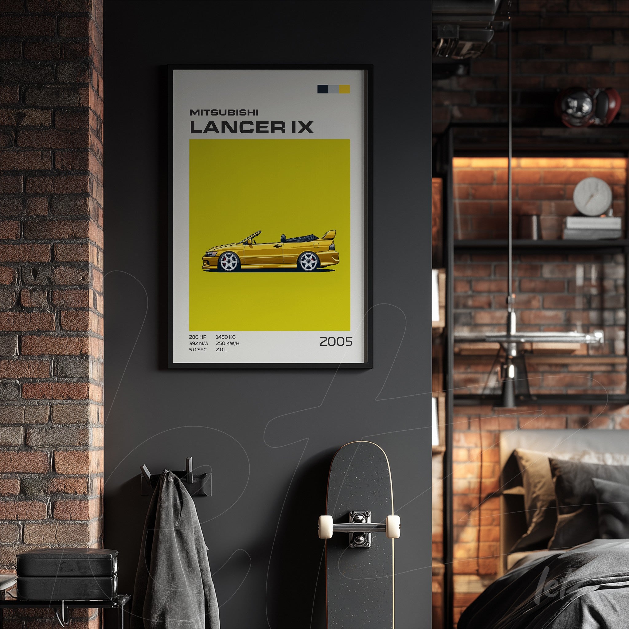 framed wall art featuring a digital illustration of a yellow Mitsubishi Lancer IX on gray wall