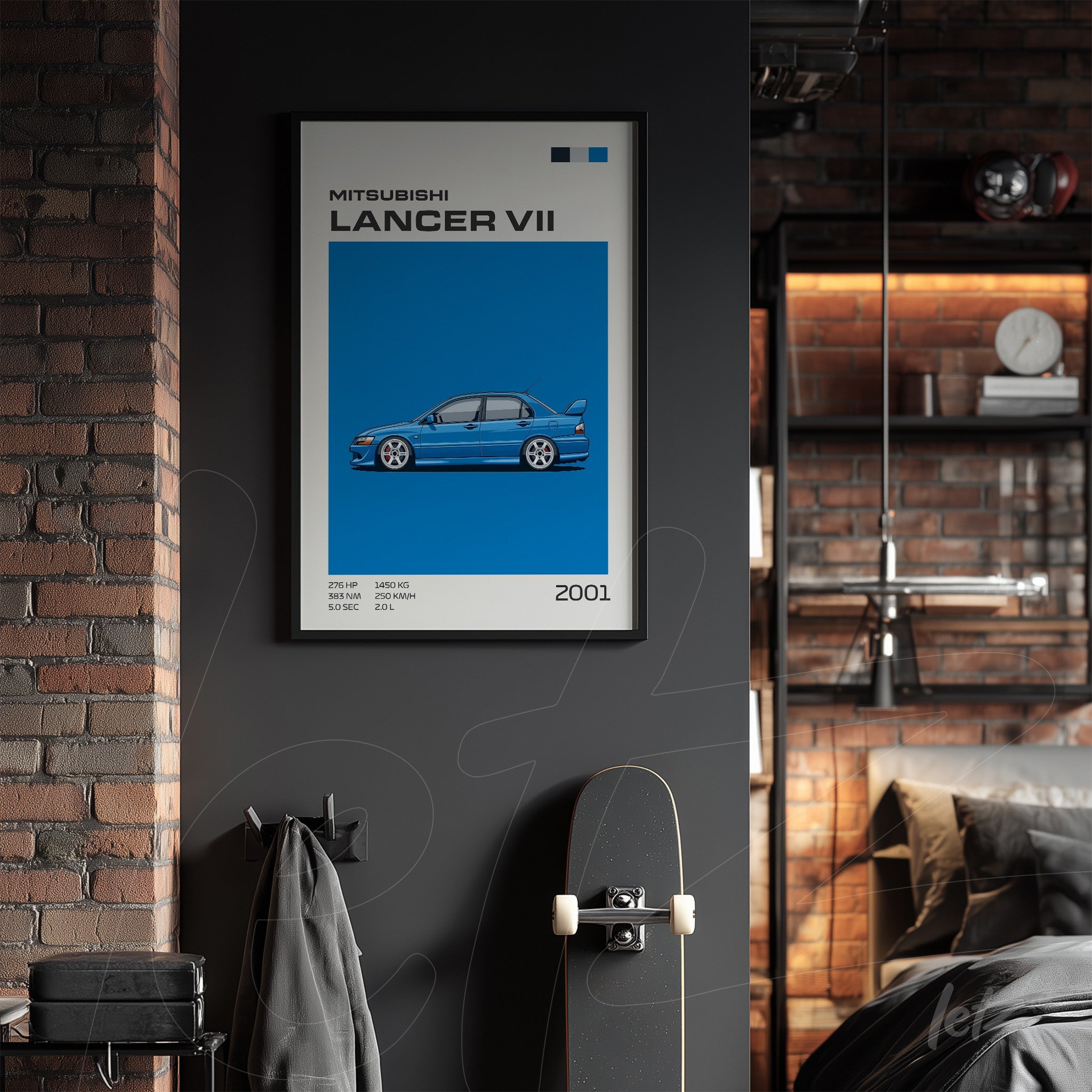 framed graphic art of 2001 Mitsubishi Lancer VII displayed on exposed brick wall