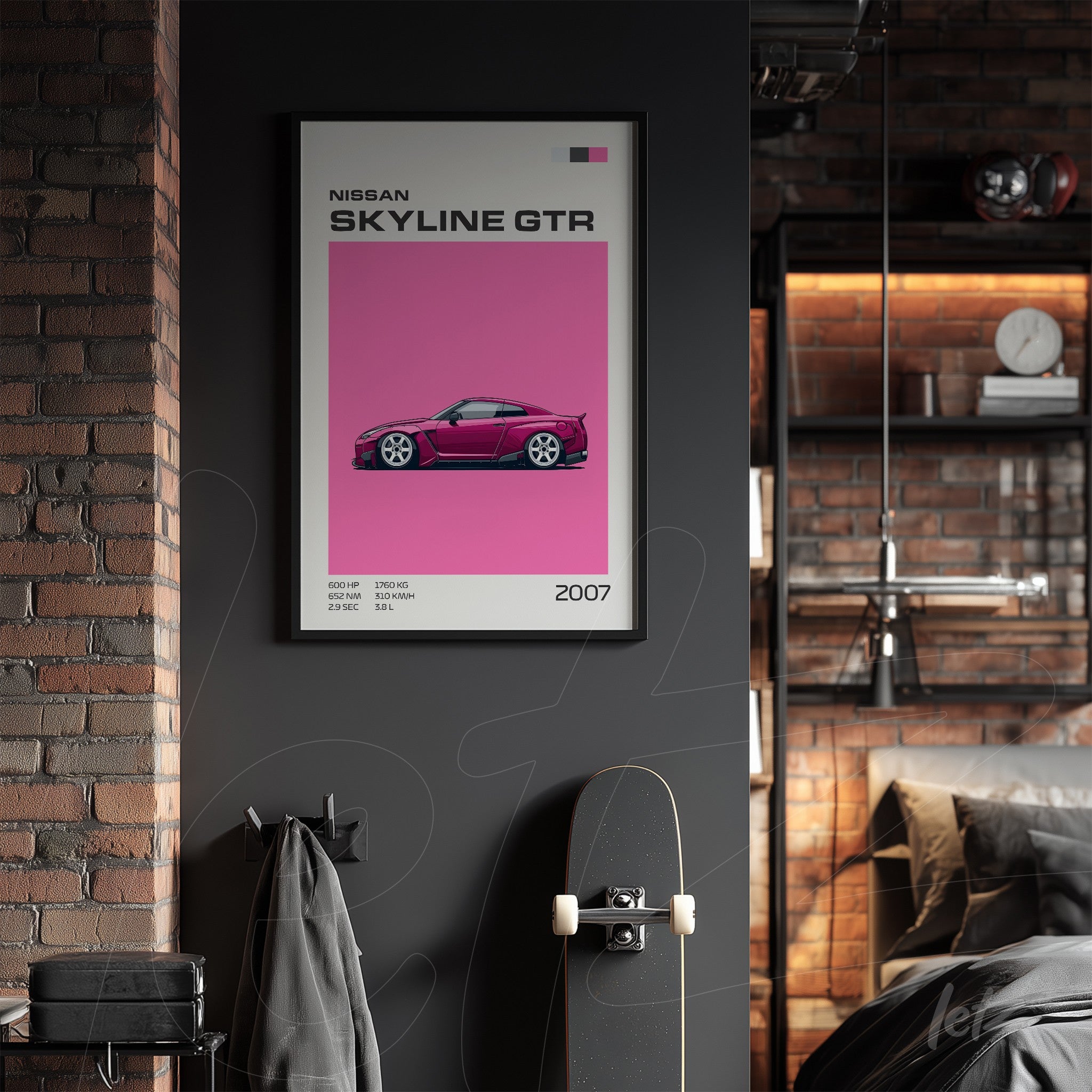 framed artwork of the 2007 Nissan Skyline GTR on a gray wall