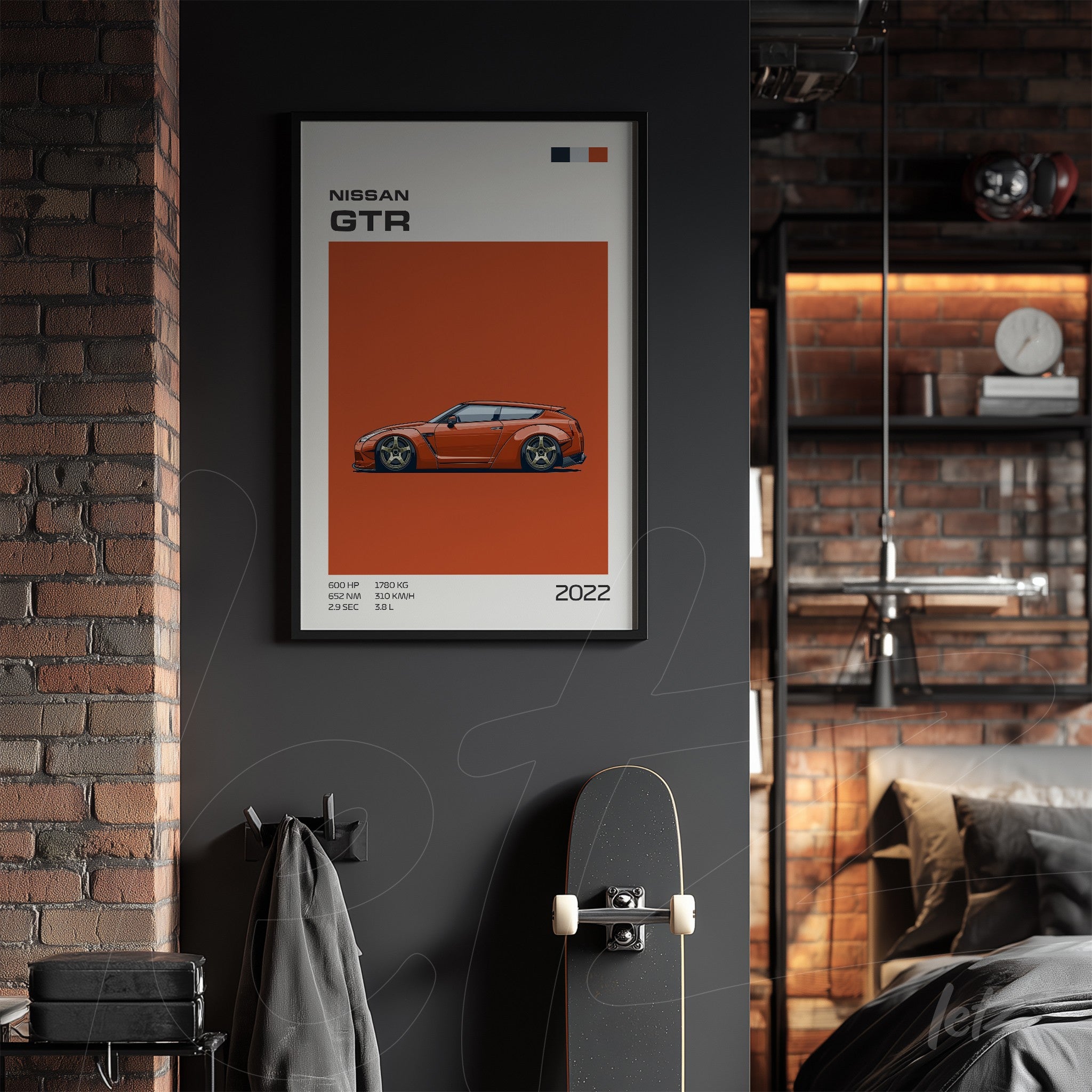 framed wall art of a nissan gtr with an orange background displayed in a brick wall room