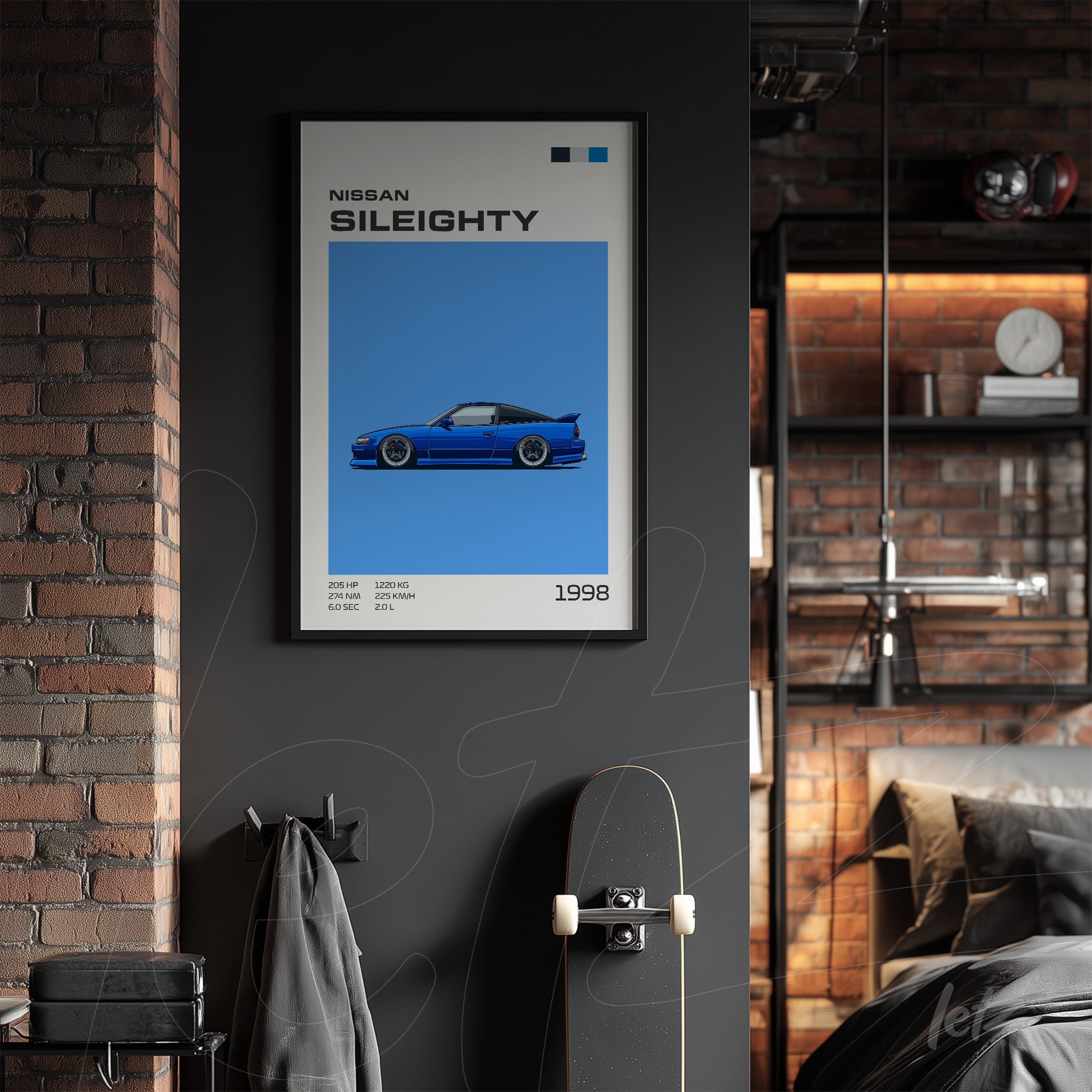 framed digital art of Nissan Sil80 car with blue background and black frame
