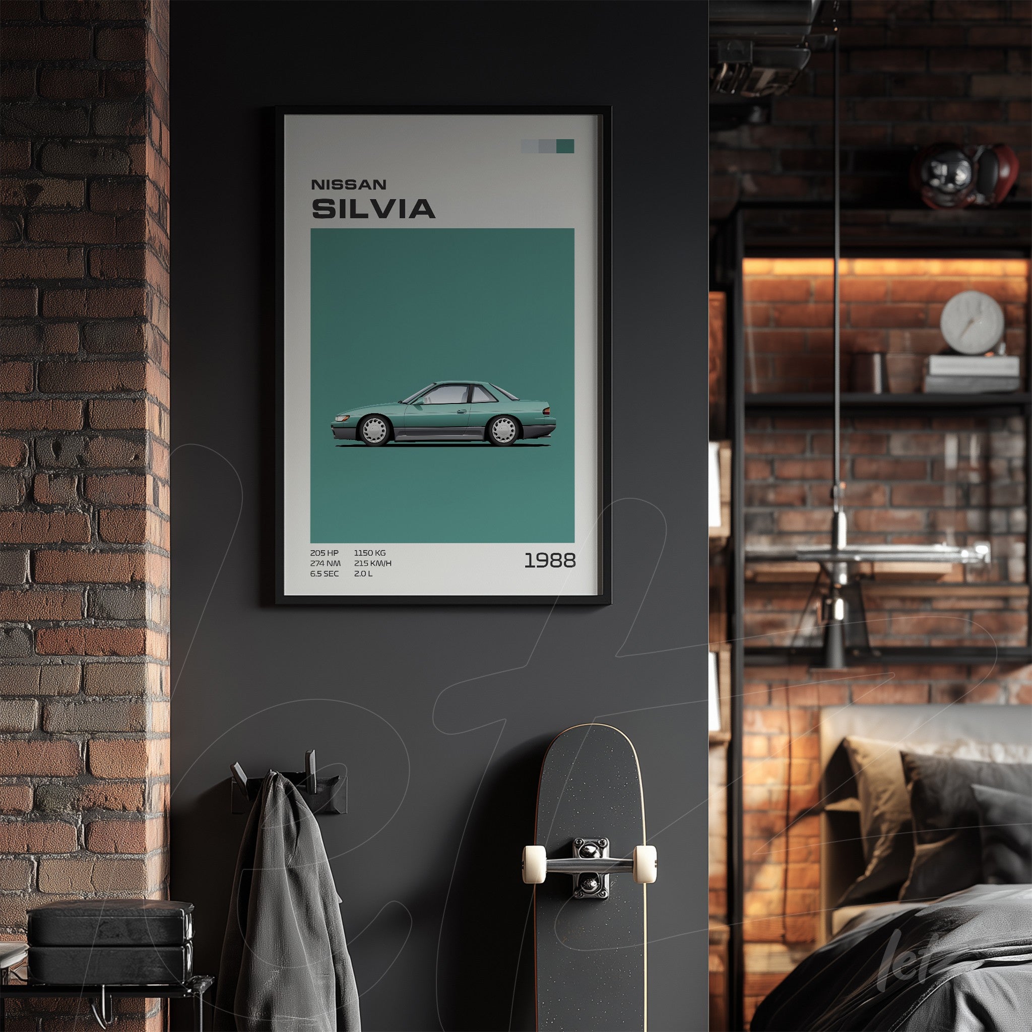 framed artwork of 1988 nissan silvia in black frame displayed on gray wall