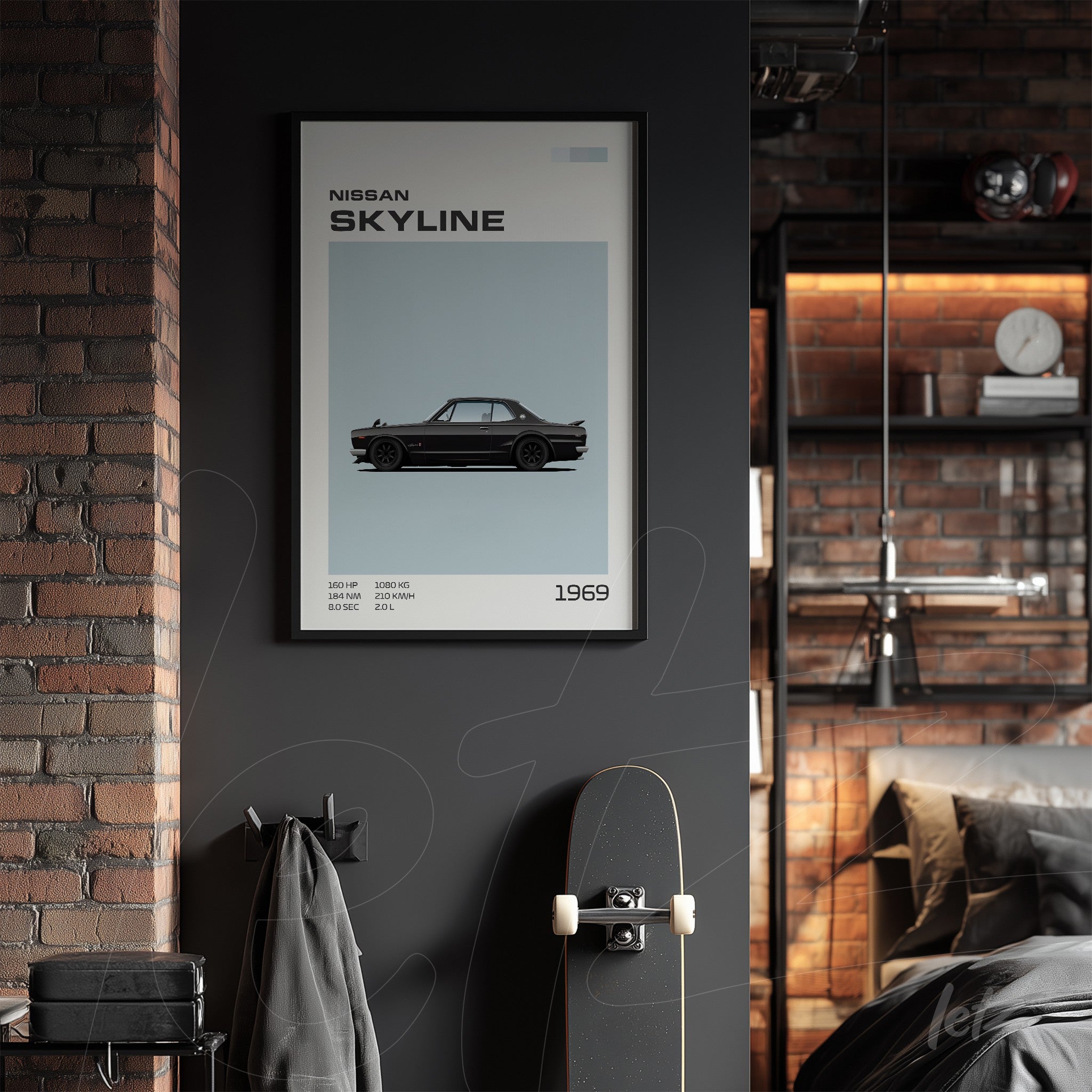 framed wall art featuring a graphic illustration of the 1969 Nissan Skyline against a gray background