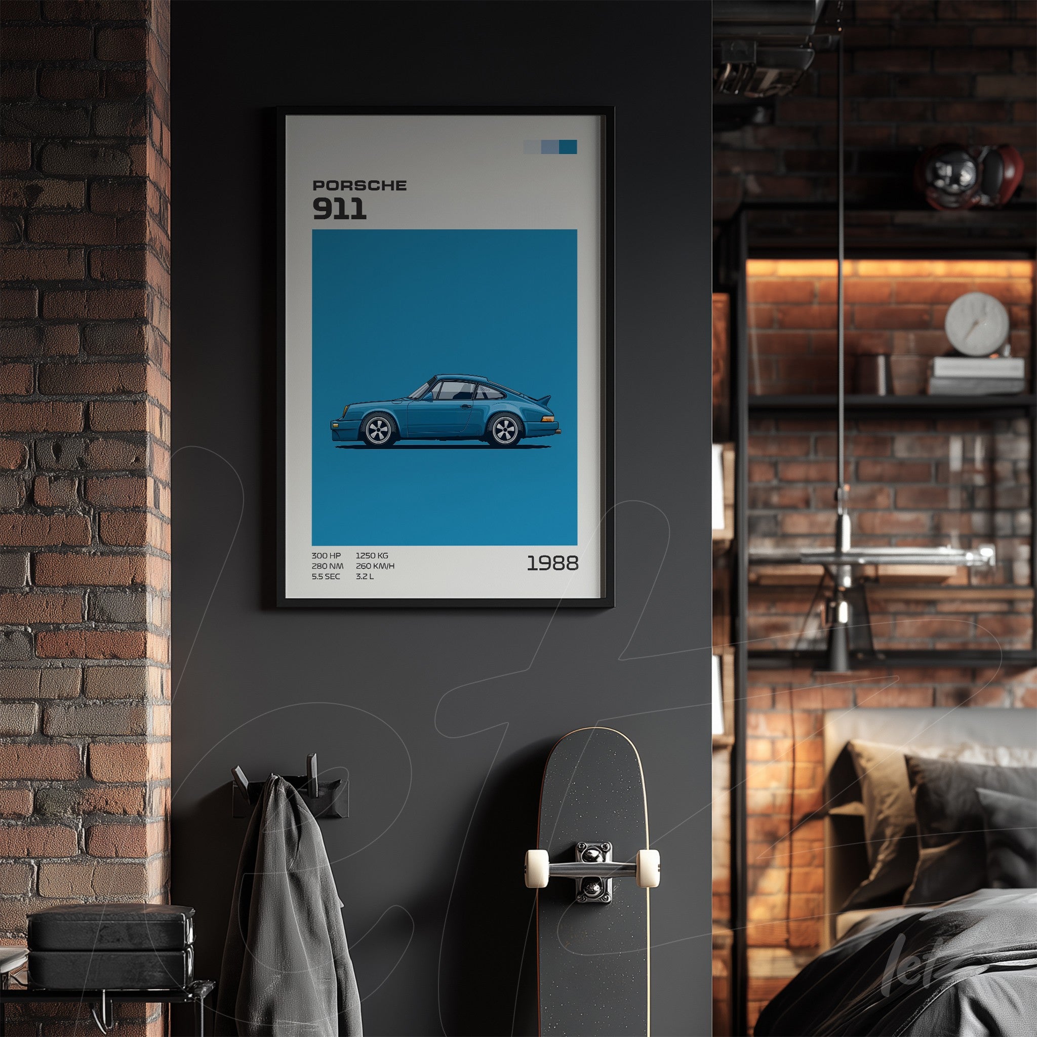 decorative framed art of a Porsche 911 in blue background, featured on a brick wall