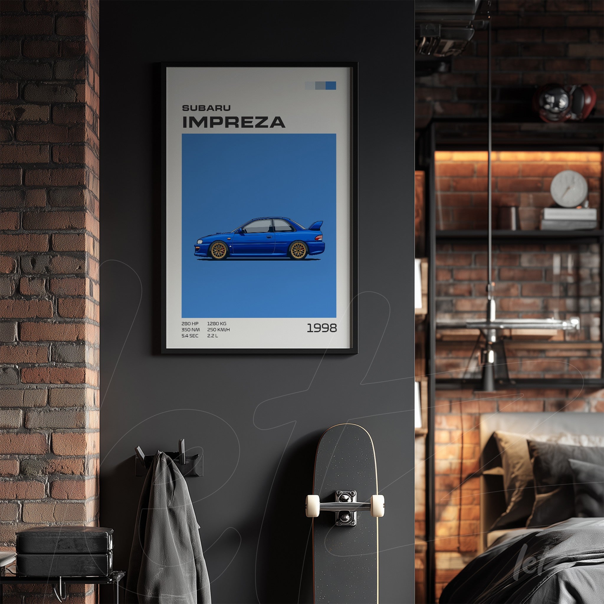 framed illustration of a blue Subaru Impreza car on a brick wall