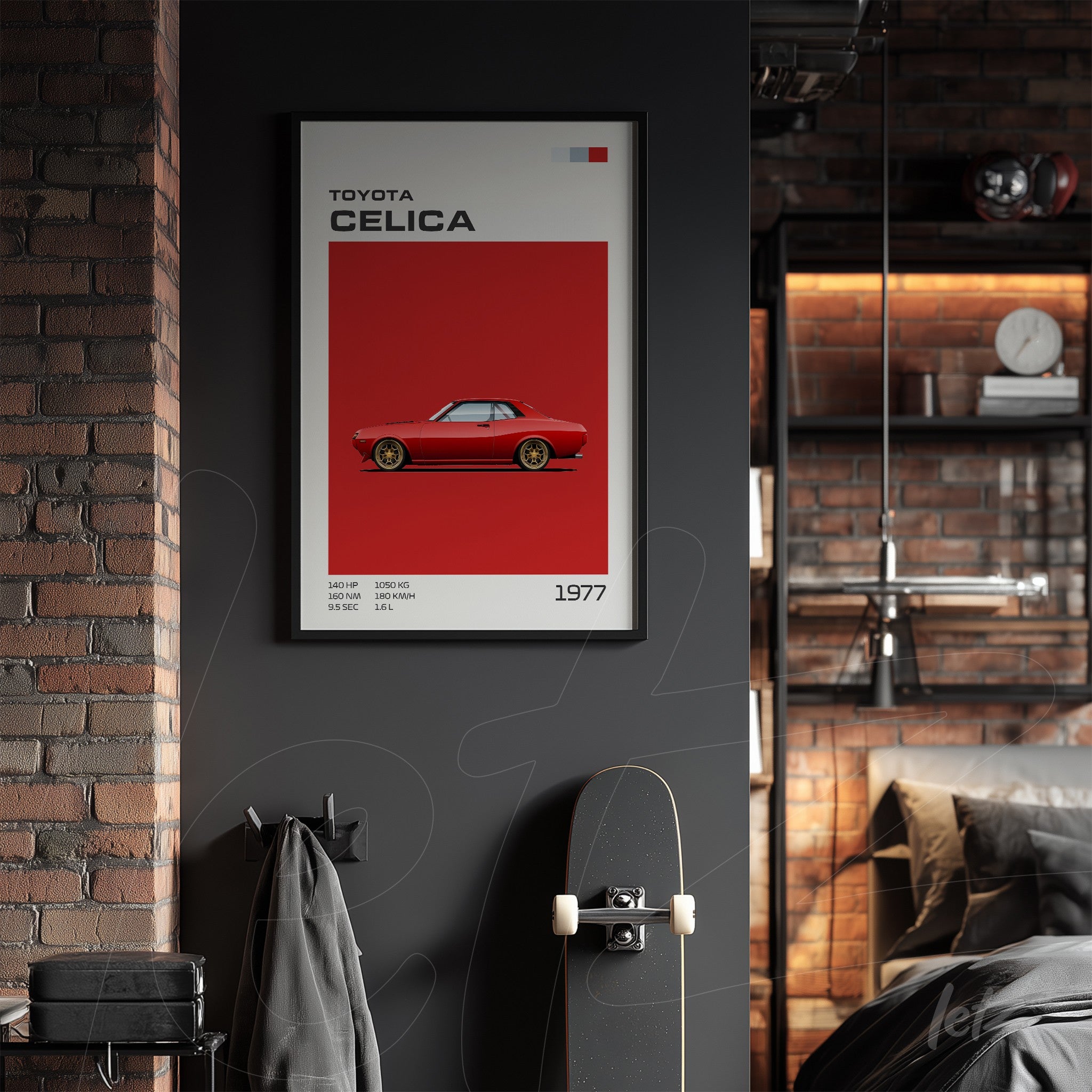framed art of the toyota celica displayed on vibrant red background