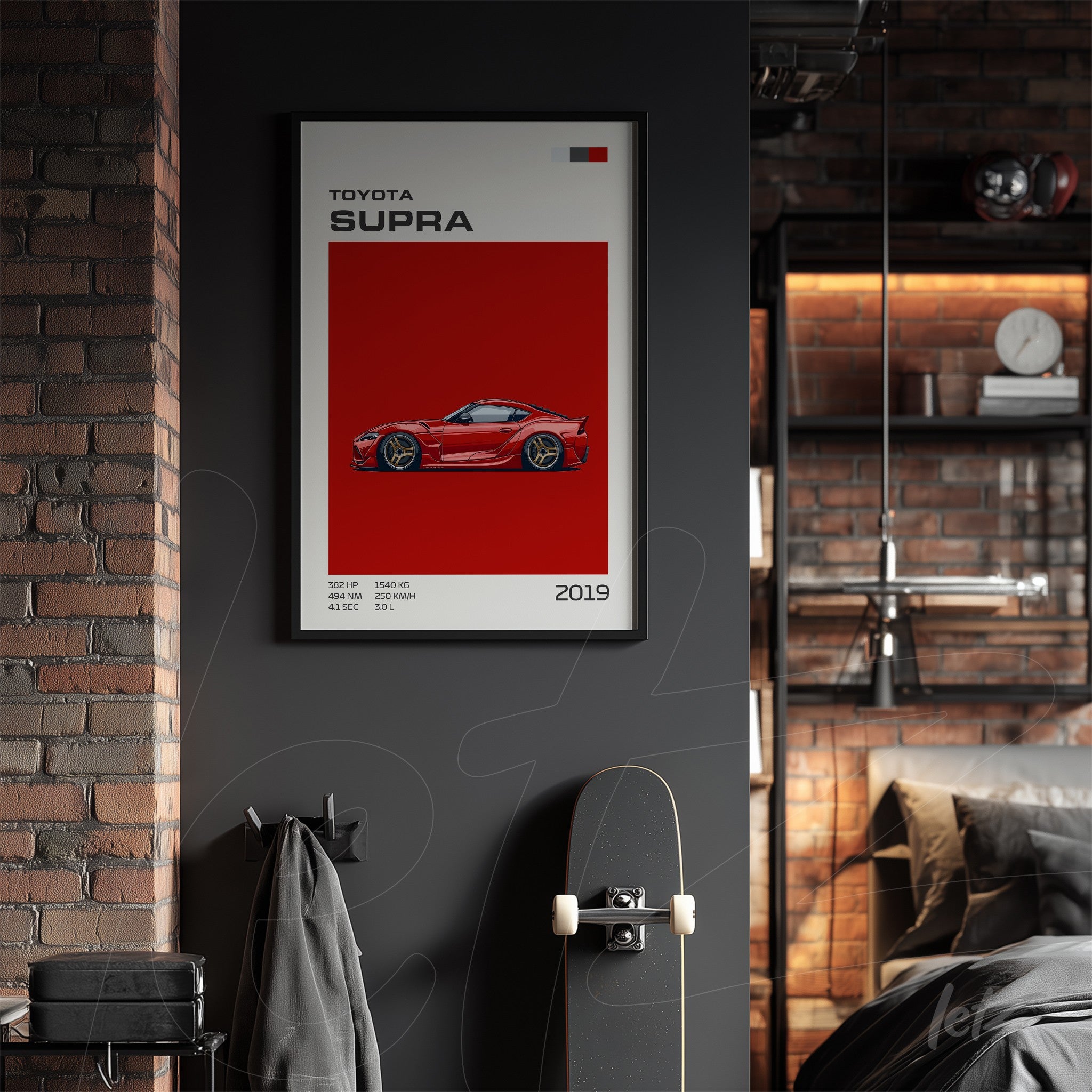 framed digital art of Toyota Supra car on dark wall with black frame