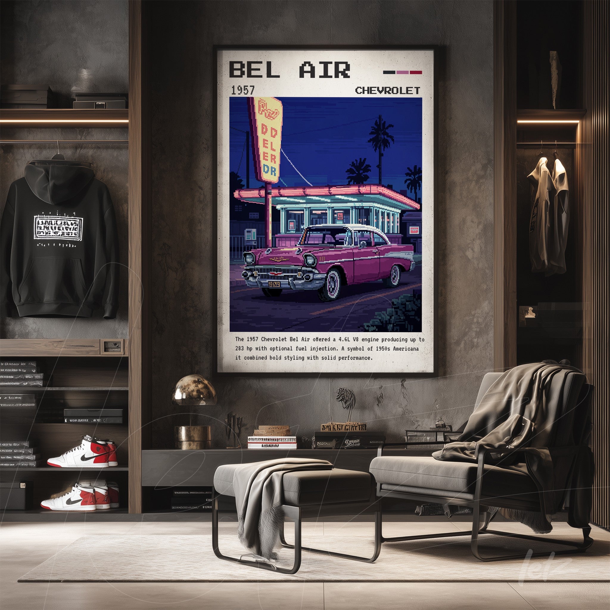 framed retro art featuring a 1957 Chevrolet Bel Air displayed on exposed brick wall with stylish furniture
