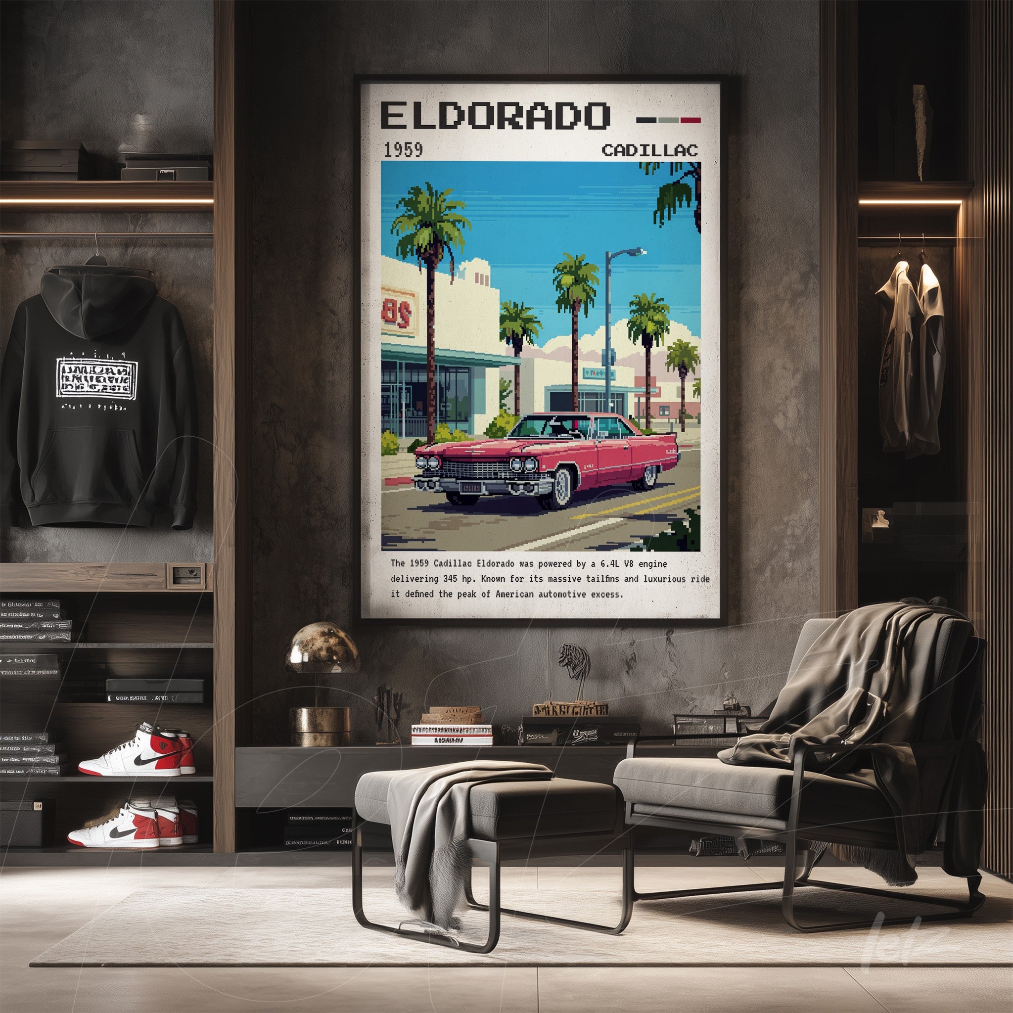 framed art featuring a 1959 Cadillac Eldorado in front of a stylized building, with palm trees in the background and a nostalgic graphic design