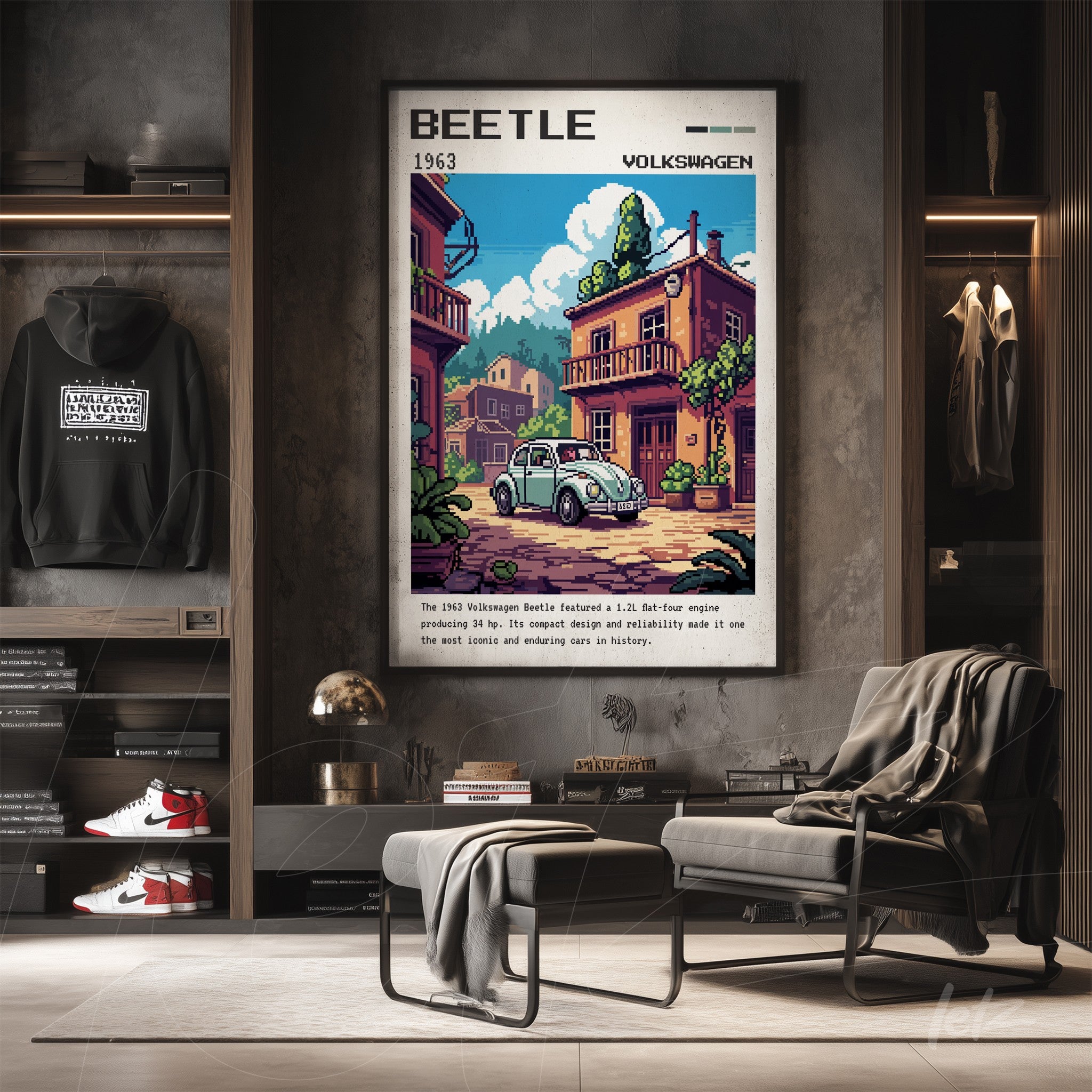 framed vintage illustration of Volkswagen Beetle displayed in a modern setting with a chair and hoodie in the background