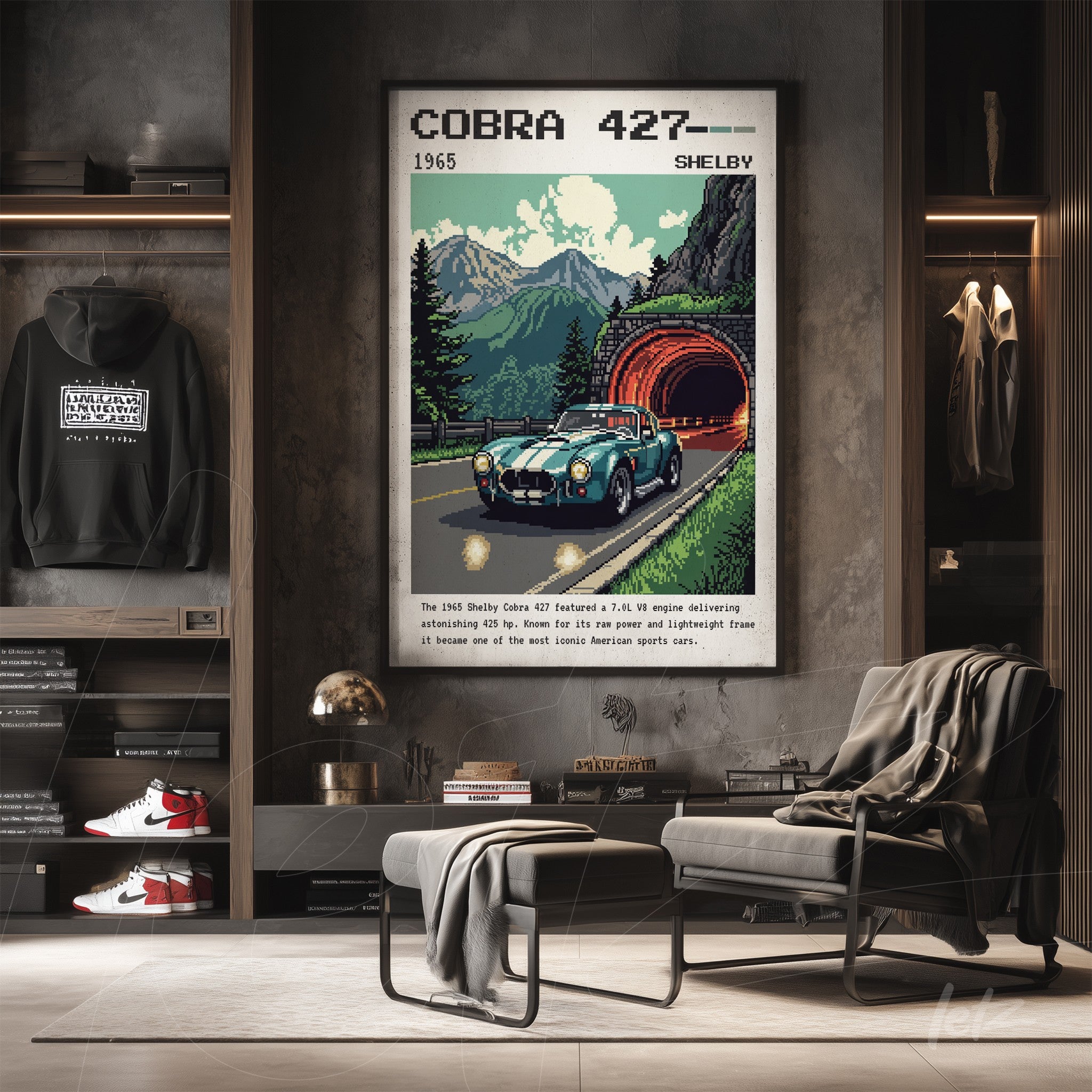 vintage style wall art of a sporty shelby cobra 427 car on a mountain road with a tunnel