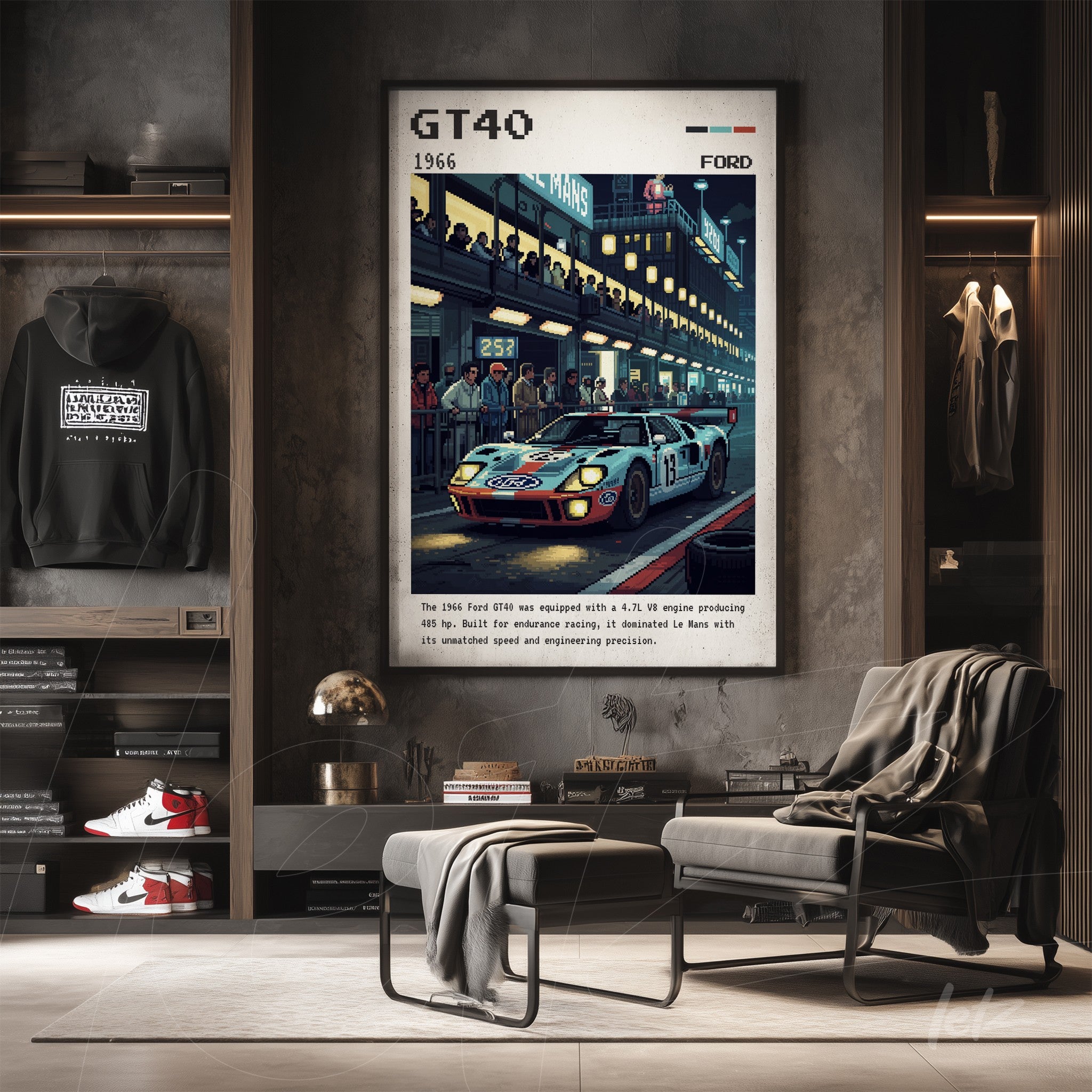 vintage style art of the 1966 ford gt40 race with black frame and dark background