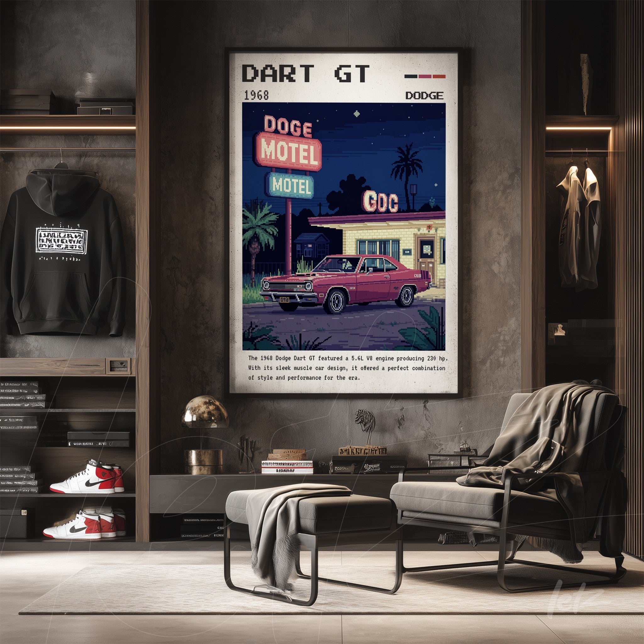 framed retro illustration of 1968 Dodge Dart GT in a modern setting featuring a stylish armchair and succulent plant