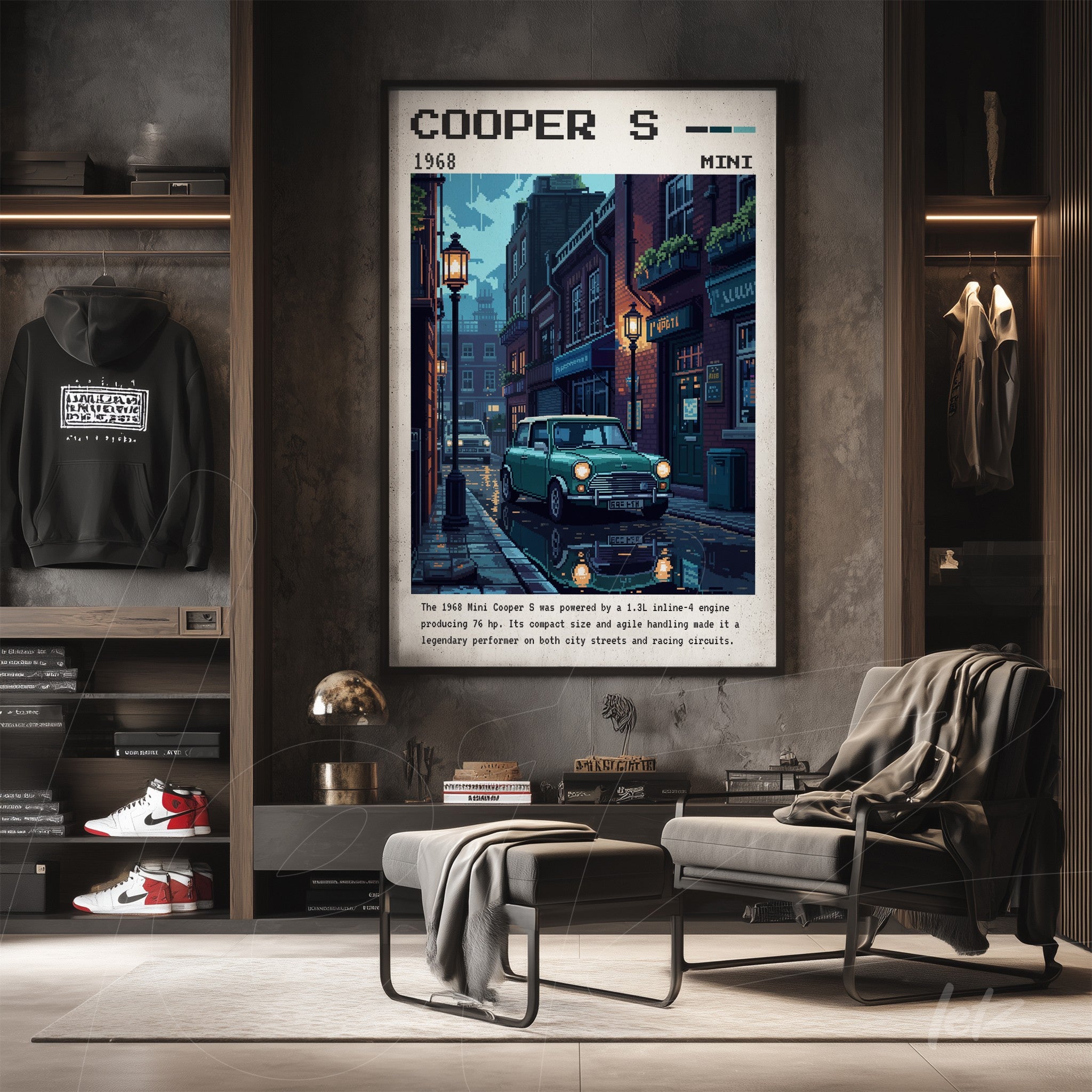 vintage style digital artwork of a Mini Cooper S parked on a city street with vintage lamps, dark frame and retro details