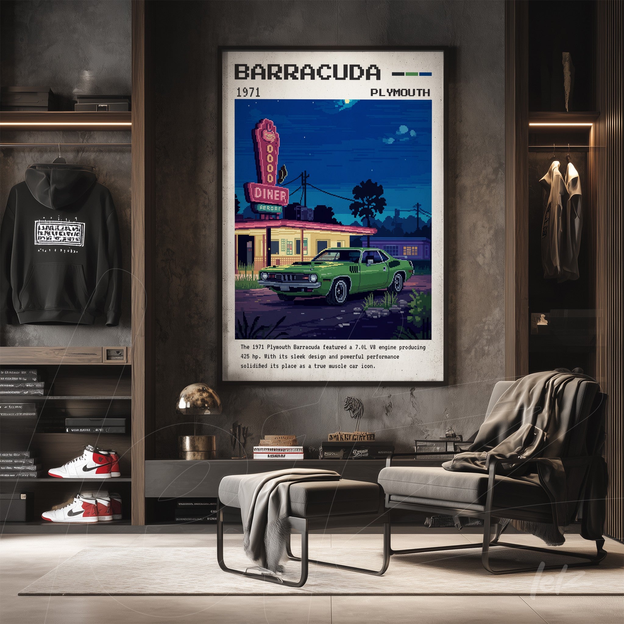 framed wall art featuring retro illustration of a Plymouth Barracuda in front of a neon diner