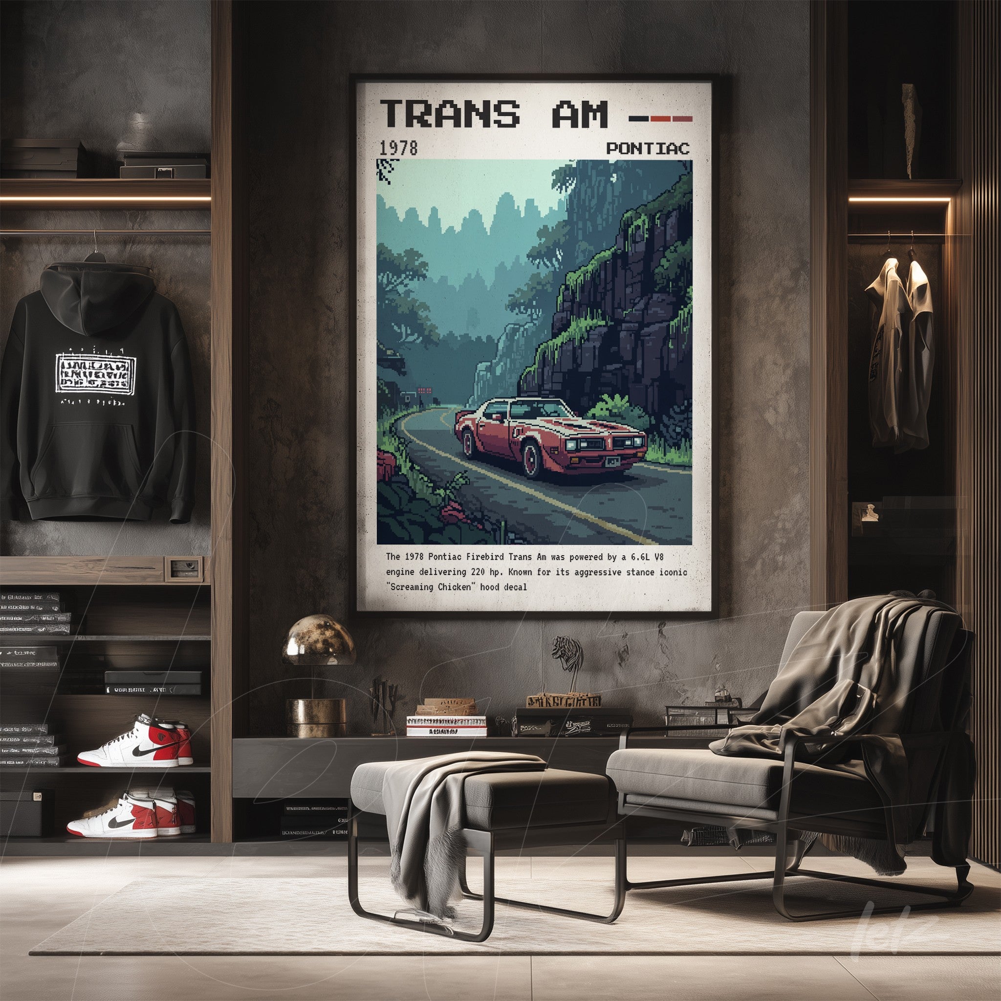framed retro art featuring Pontiac Trans Am car in a mountainous landscape