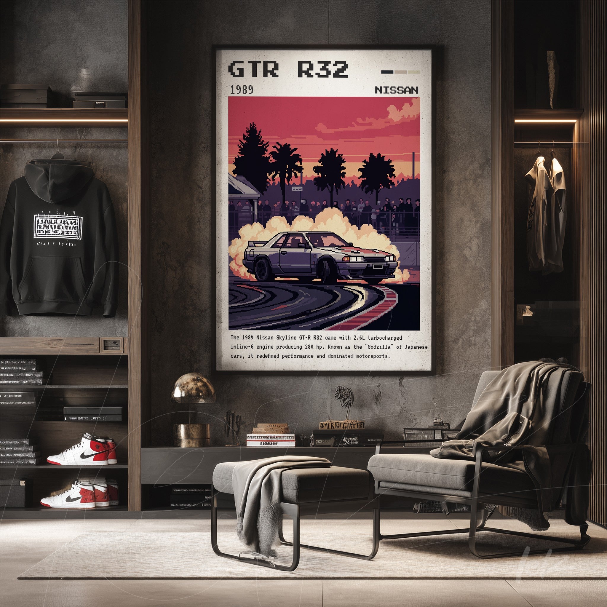 retro style wall art featuring Nissan GTR R32 car with light frame and urban sunset background