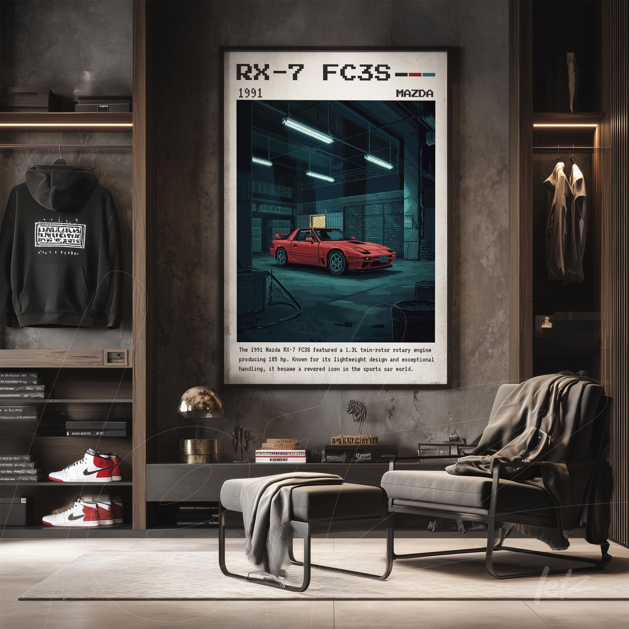 framed retro art of Mazda RX-7 FC3S car in black frame, set in an indoor environment with subtle lighting