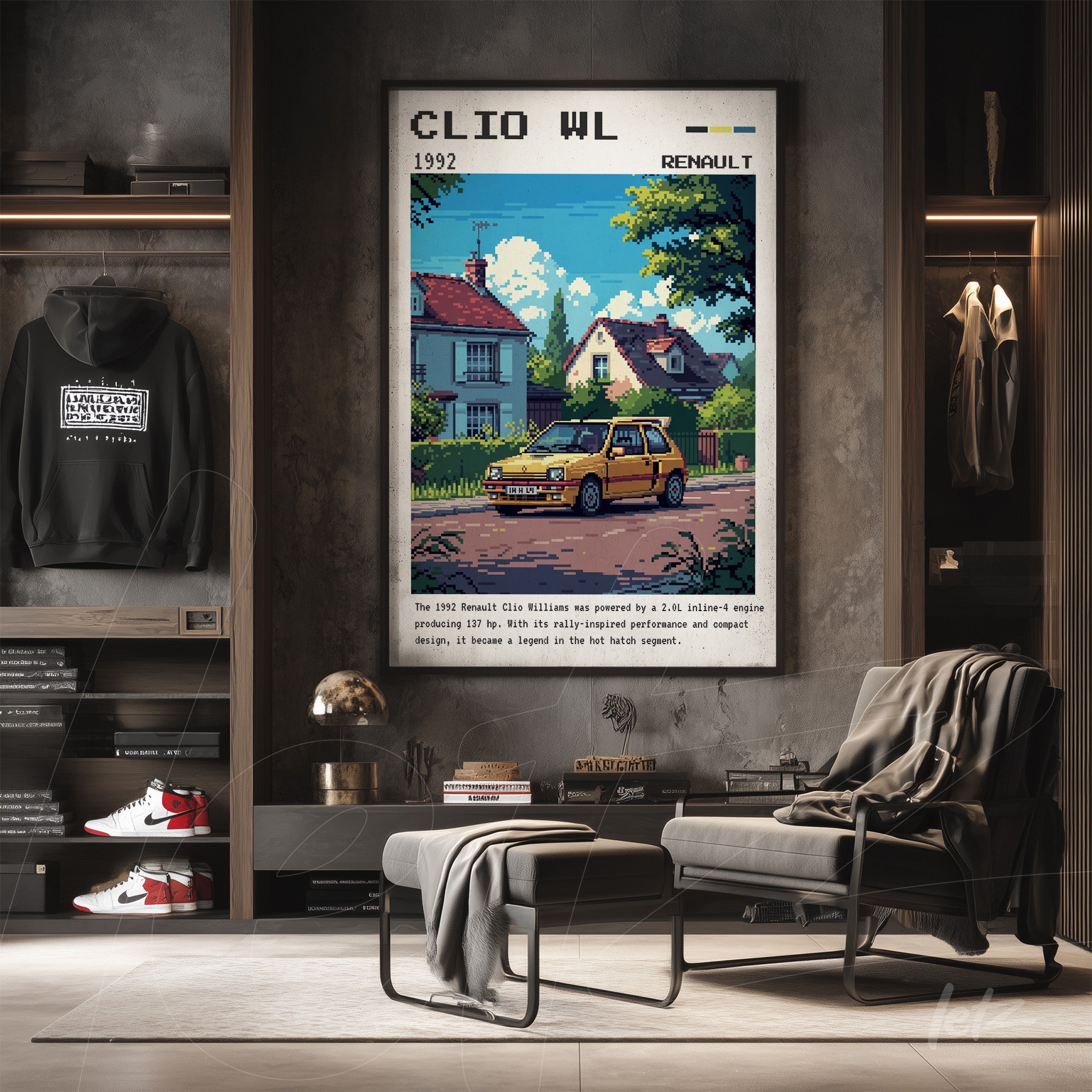 framed vintage pixel art of a Renault Clio WL car featuring a suburban background with houses and trees in soft colors