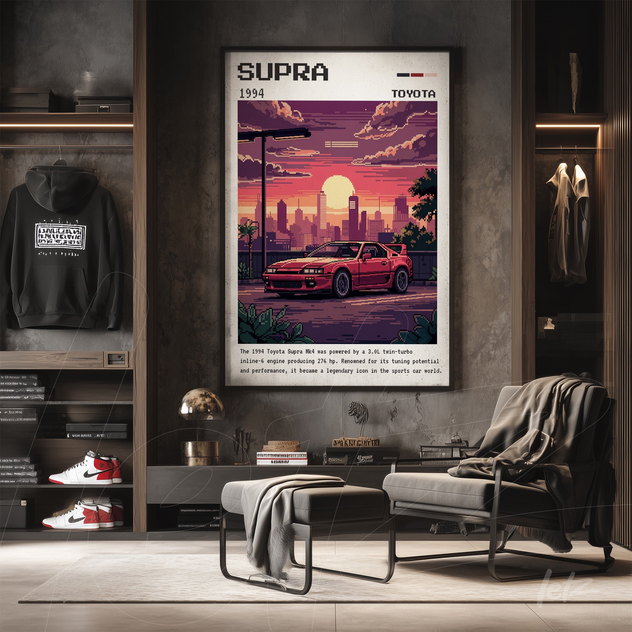 framed pixel art of 1994 Toyota Supra displayed on neutral wall with an armchair and hoodie in the background