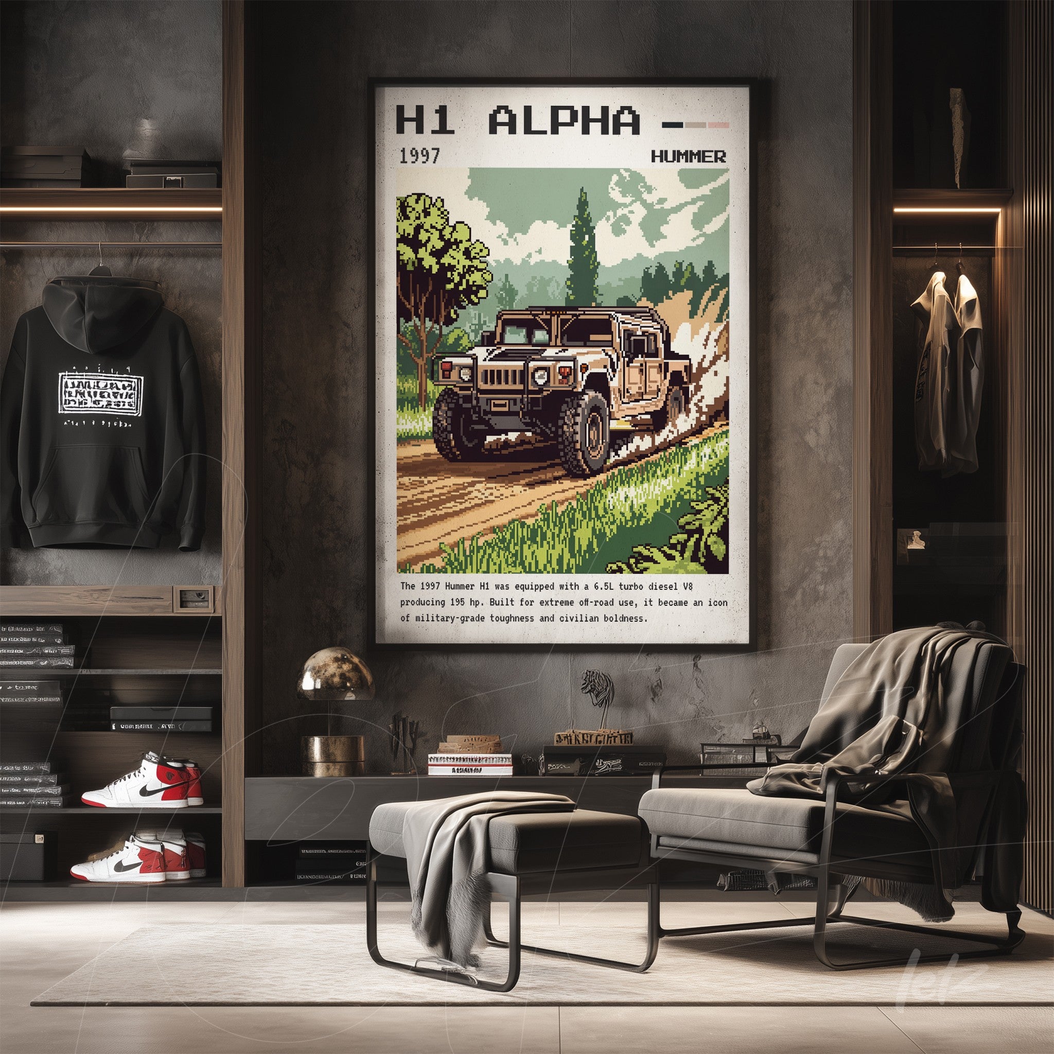 framed wall art depicting a hummer h1 driving on a rural road surrounded by greenery showcased in a modern interior with shelves and a comfortable chair