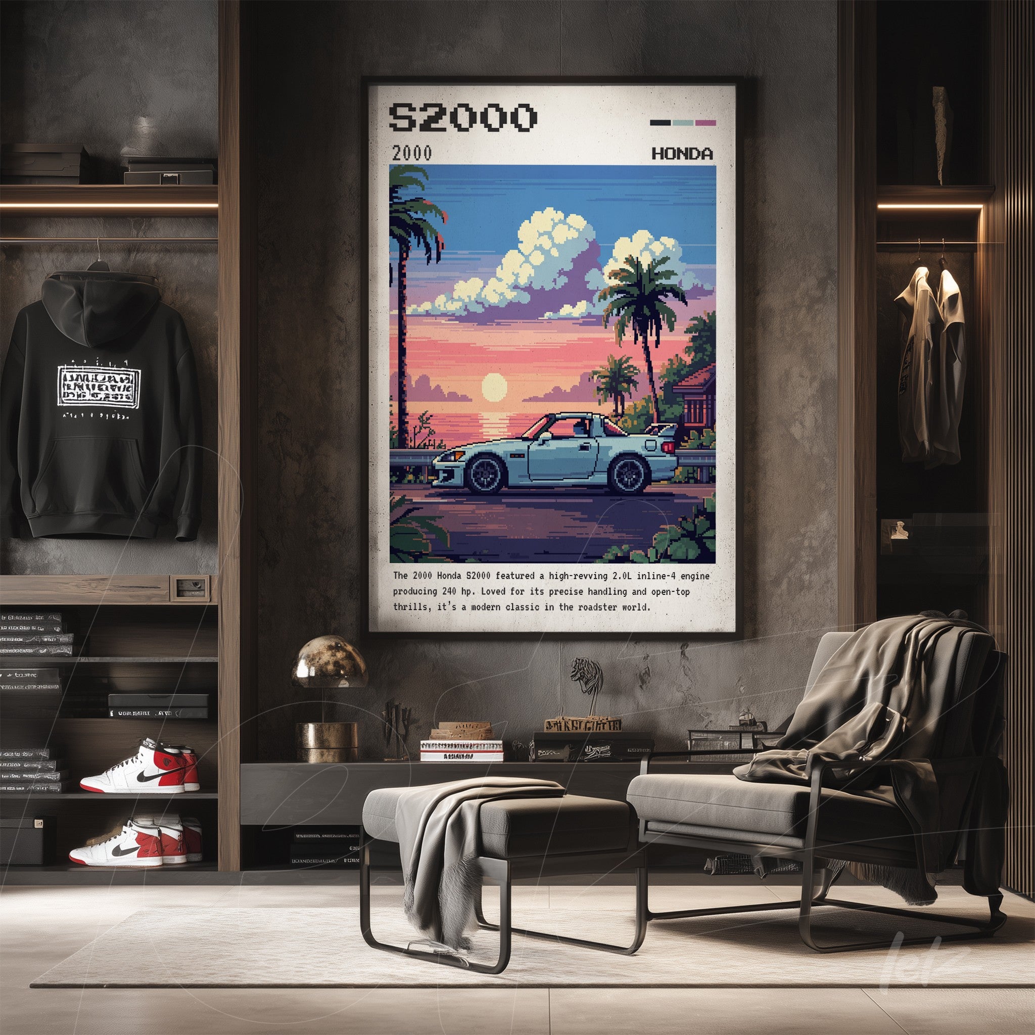 pixel art framed wall art of a Honda car under a sunset, displayed on a gray wall with wooden shelf
