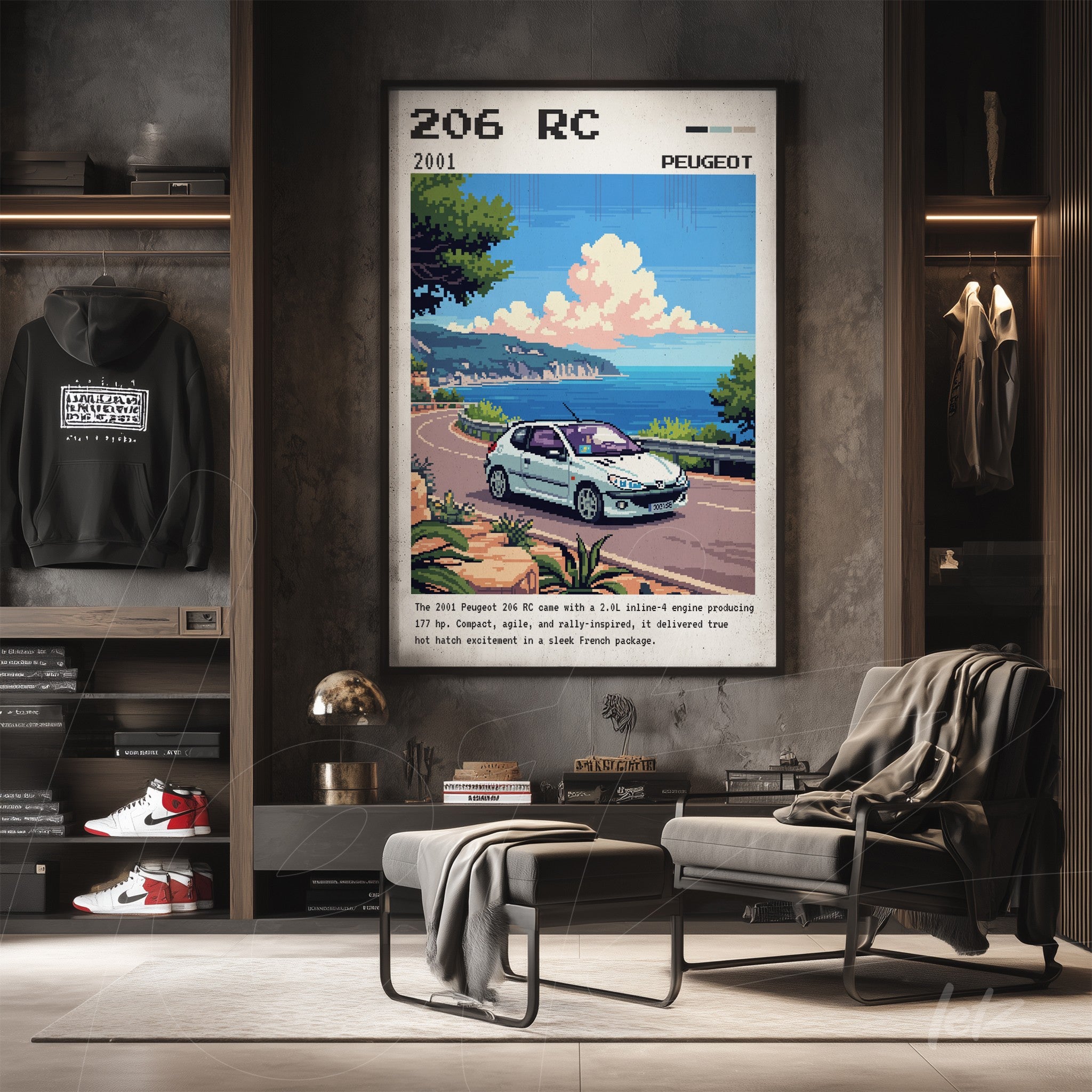 retro style wall art featuring Peugeot 206 RC car with light frame on a brick wall