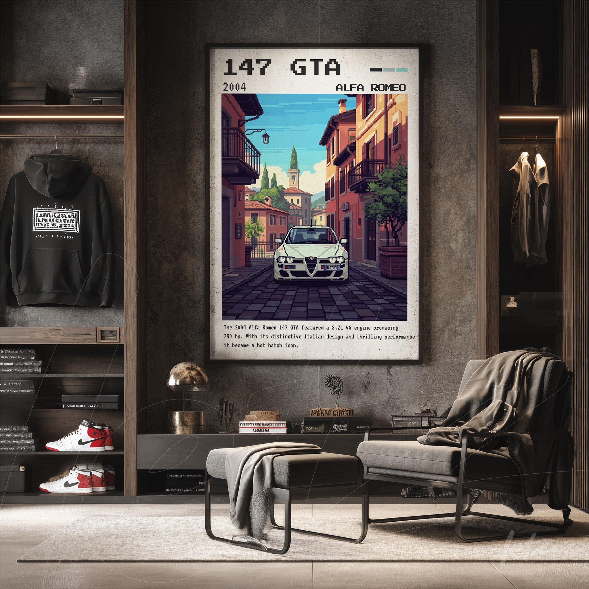 framed wall art featuring digital illustration of Alfa Romeo 147 GTA in retro style displayed on a stone wall with elegant decor