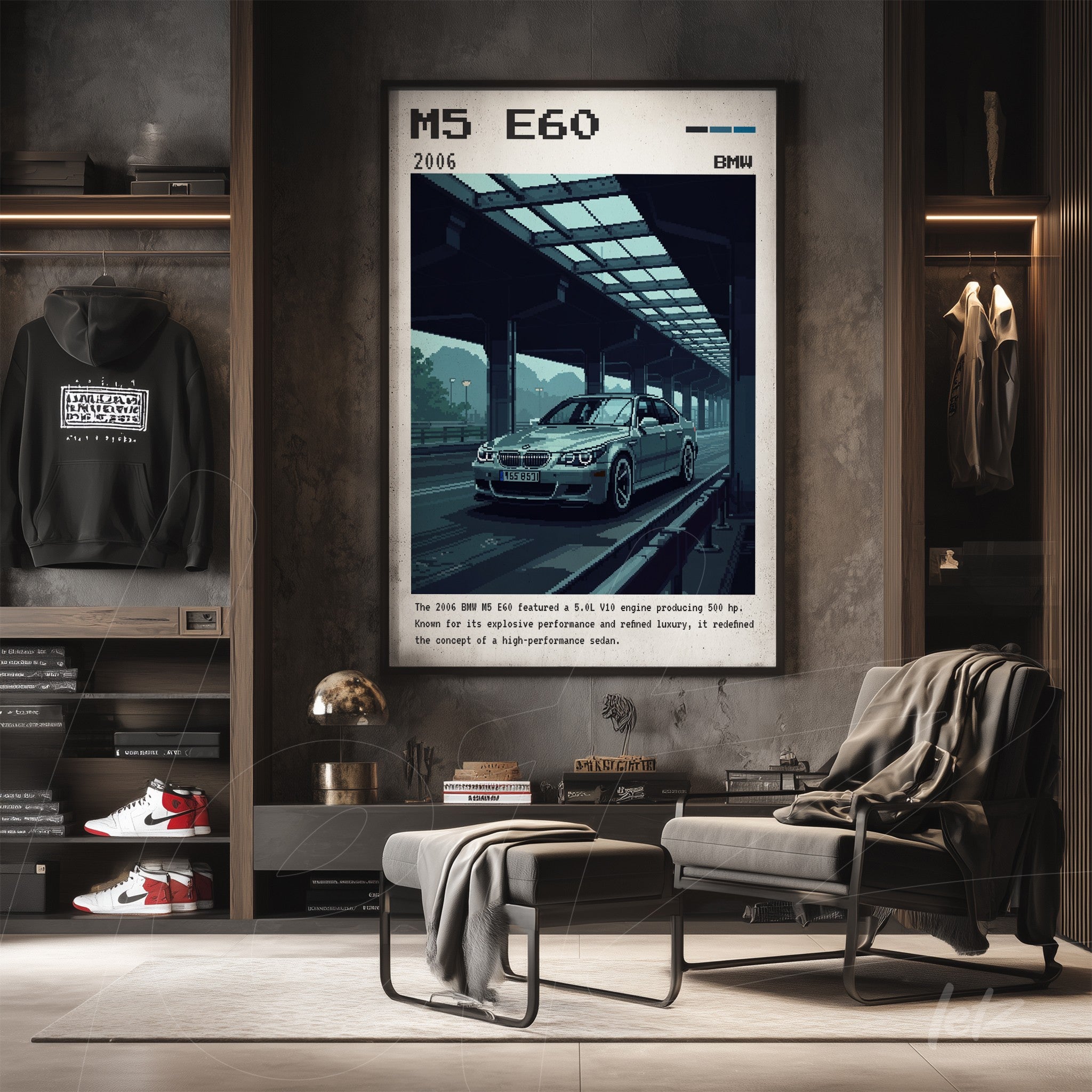 retro digital artwork of the 2006 BMW M5 E60 displayed on a concrete wall with modern furniture
