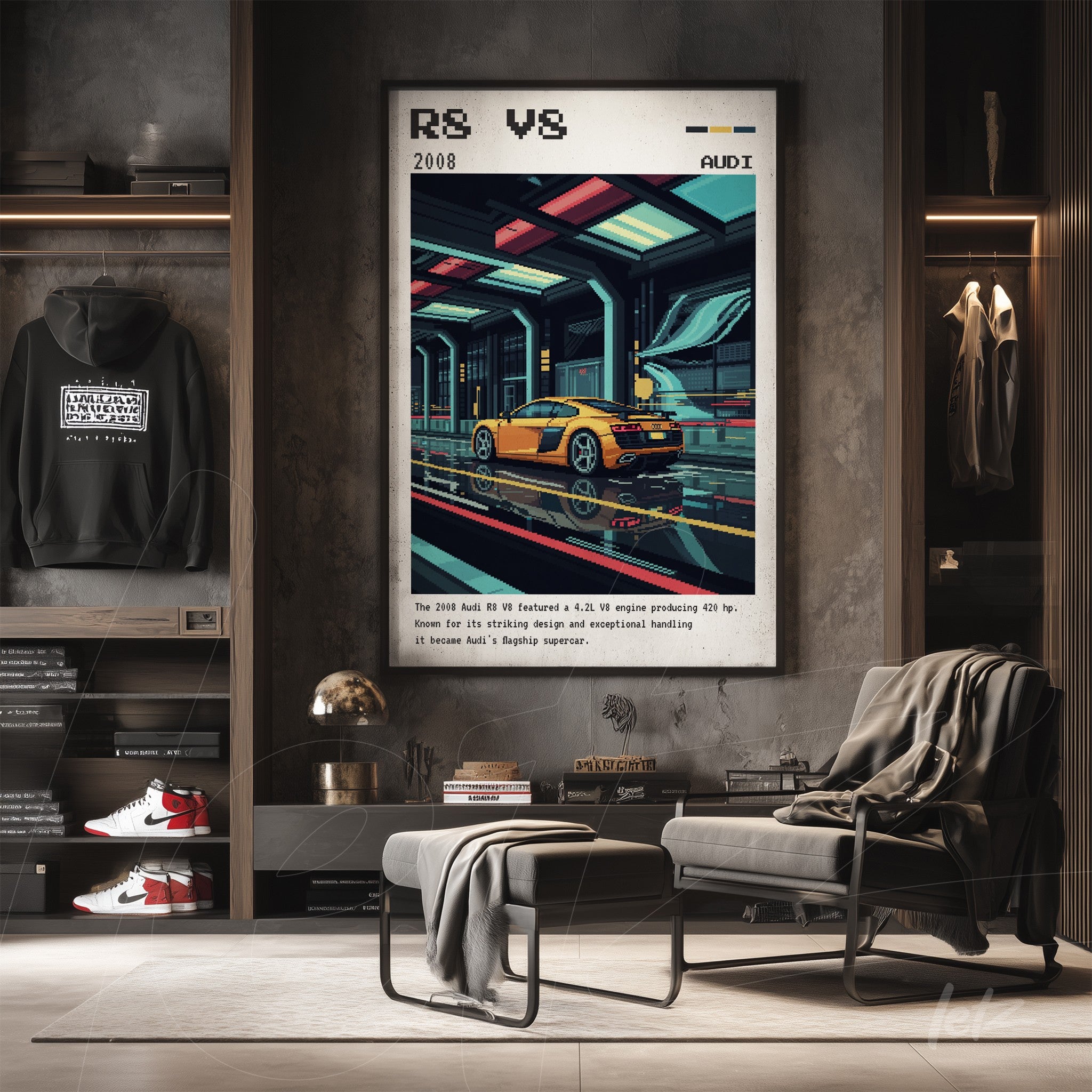 digital art print of an Audi R8 V8 in nostalgic style displayed in a white frame on a light wood wall