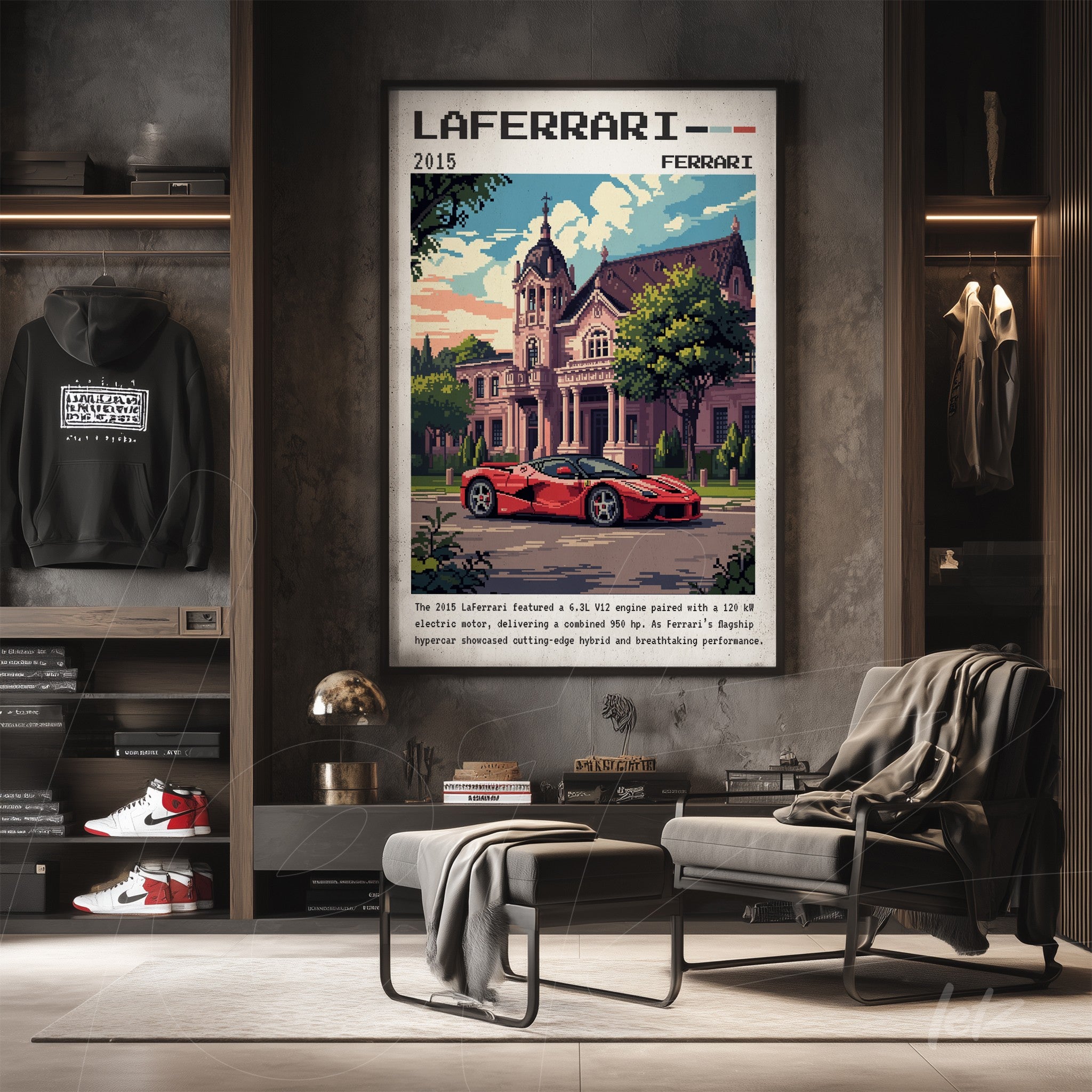 framed wall art featuring a digital illustration of the LaFerrari car in front of a mansion with a dark frame